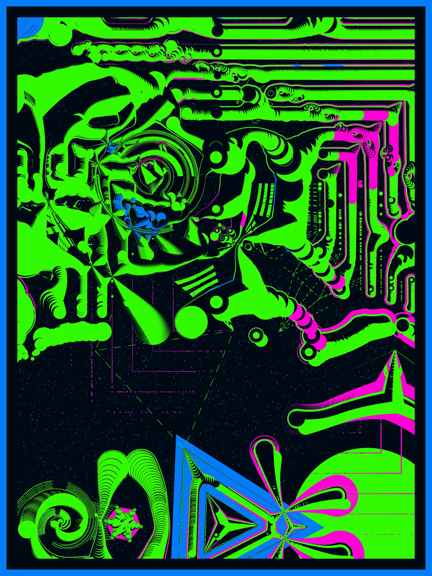 In the year 3075 of the Second Nuclear Age, a laboratory of an unknown race of aliens was discovered on the planet Vtolmr while drilling a well of molecular oil. Its presumed purpose is to study genetic mutations of races from neighboring planets. During the laboratory investigation, 512 silicon impressions with DNA of different alien species were extracted. Modern methods of quantum analysis do not allow the deciphering of the data obtained. At this point, their value is purely aesthetic. But that may change in time.

Press 1 to 9 - change the pixel density
Press "s" - save the image