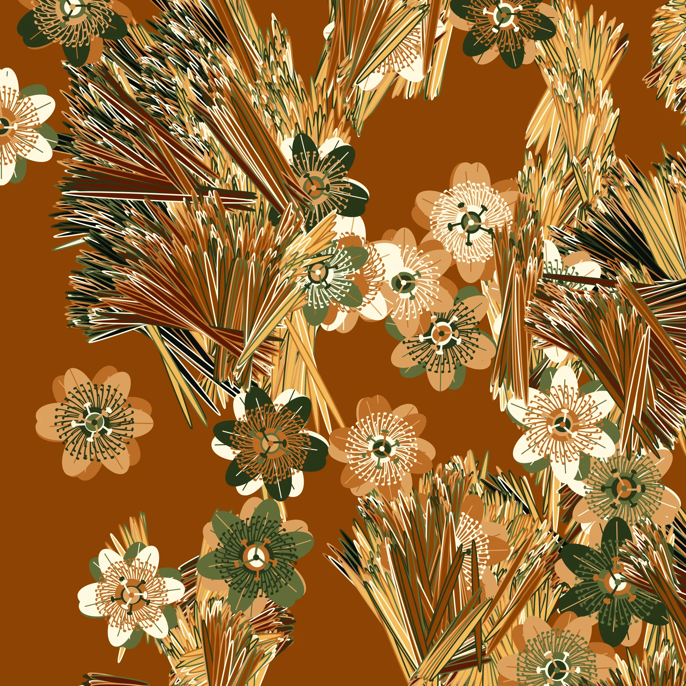 “Fragments of an infinite field” is a compositional system in which an idealized plant species is generated and arranged in a potentially infinite field of foliage. The main environmental parameter of the composition is the determination of a season of the year. The season determines the landscape’s colors and defines specific phenomena for each of them, such as rain in summer, snow in winter, petals falling in autumn, and pollen in spring. The flower has several possible variables, which can be macro aspects, affecting the entire population of the species, or micro, affecting each individual of the species differently. For example, the number of petals can be equal in all individuals or not. The number of filaments and other structures of the flower can undergo minor deviations, generating small mutations. The confusion between the figure (plant) and the background (earth, sky, other natural elements) is fascinating from a compositional point of view. The background colors are, most of the time, colors present in the figures, often breaking the boundary between them and, therefore, generating chromatic masses. In this project I also intend to research the following question: How to create parameters that resemble a living organism's growth? In this sense, the project approaches digital morphogenesis and the development of procedural organisms.