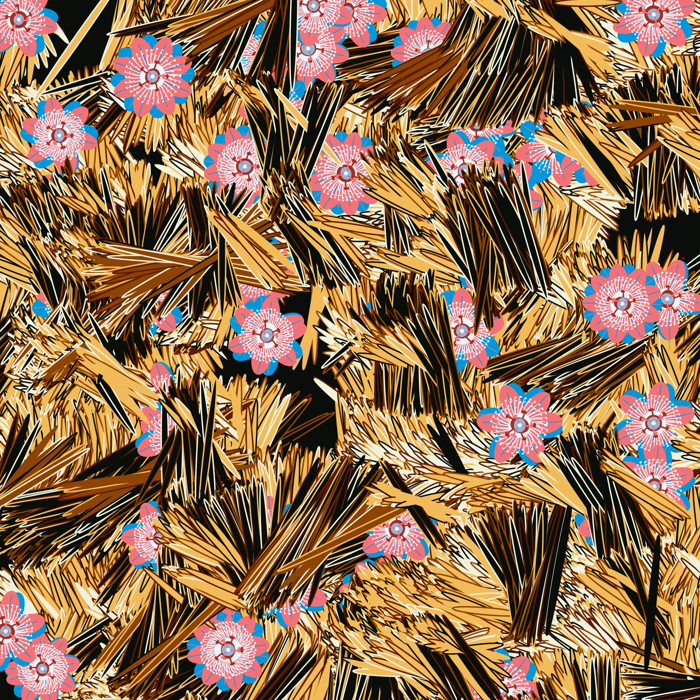 “Fragments of an infinite field” is a compositional system in which an idealized plant species is generated and arranged in a potentially infinite field of foliage. The main environmental parameter of the composition is the determination of a season of the year. The season determines the landscape’s colors and defines specific phenomena for each of them, such as rain in summer, snow in winter, petals falling in autumn, and pollen in spring. The flower has several possible variables, which can be macro aspects, affecting the entire population of the species, or micro, affecting each individual of the species differently. For example, the number of petals can be equal in all individuals or not. The number of filaments and other structures of the flower can undergo minor deviations, generating small mutations. The confusion between the figure (plant) and the background (earth, sky, other natural elements) is fascinating from a compositional point of view. The background colors are, most of the time, colors present in the figures, often breaking the boundary between them and, therefore, generating chromatic masses. In this project I also intend to research the following question: How to create parameters that resemble a living organism's growth? In this sense, the project approaches digital morphogenesis and the development of procedural organisms.
