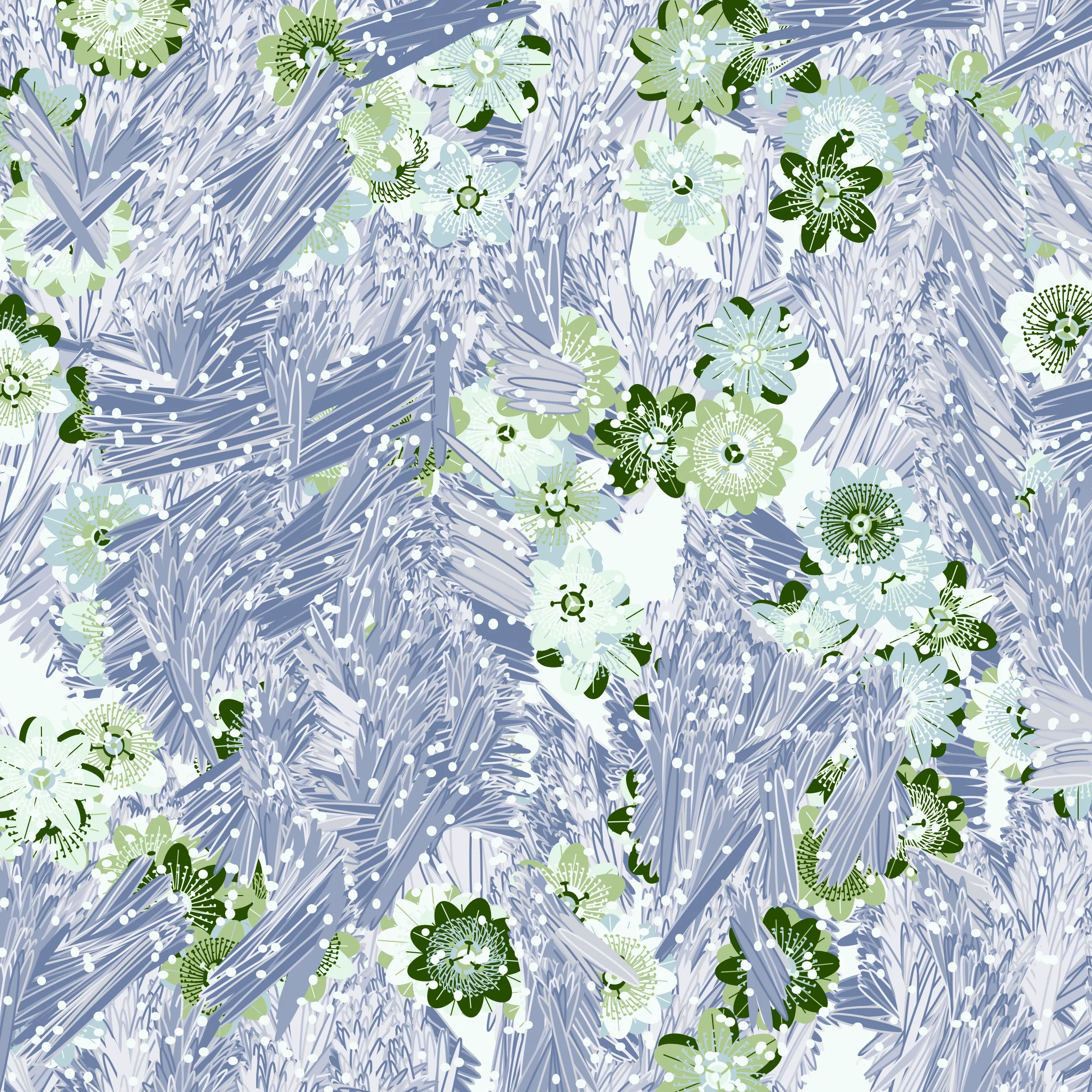 “Fragments of an infinite field” is a compositional system in which an idealized plant species is generated and arranged in a potentially infinite field of foliage. The main environmental parameter of the composition is the determination of a season of the year. The season determines the landscape’s colors and defines specific phenomena for each of them, such as rain in summer, snow in winter, petals falling in autumn, and pollen in spring. The flower has several possible variables, which can be macro aspects, affecting the entire population of the species, or micro, affecting each individual of the species differently. For example, the number of petals can be equal in all individuals or not. The number of filaments and other structures of the flower can undergo minor deviations, generating small mutations. The confusion between the figure (plant) and the background (earth, sky, other natural elements) is fascinating from a compositional point of view. The background colors are, most of the time, colors present in the figures, often breaking the boundary between them and, therefore, generating chromatic masses. In this project I also intend to research the following question: How to create parameters that resemble a living organism's growth? In this sense, the project approaches digital morphogenesis and the development of procedural organisms.