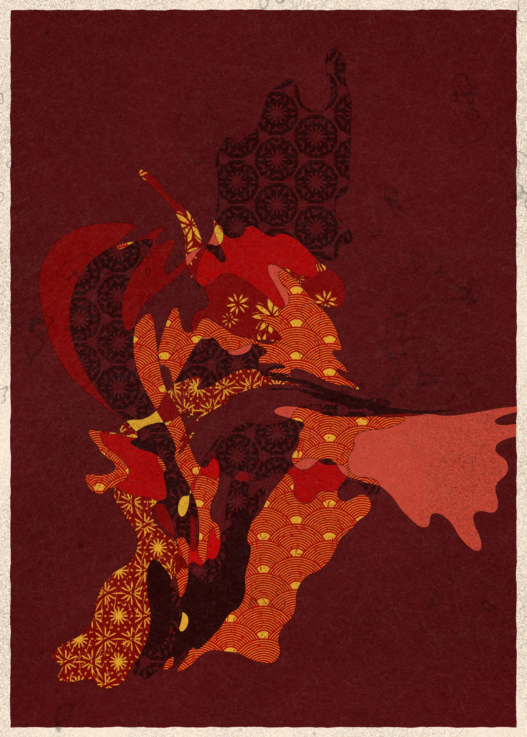 Memories of Qilin is inspired by traditional East Asian art. It channels the sense of movement and fluidity found in classical Chinese brushwork, while drawing from the colors, patterns, and forms of ukiyo-e woodblock prints. 

The series explores elements of folklore, evoking the mythological imagery of dragons, phoenixes, flowers, and mountains.  The title references a fabled chimerical beast found throughout East Asian mythology (while the qilin is its Chinese name, it is also known in Korea as the girin and Japan as the kirin) that represents prosperity and luck.

Viewers are invited to interpret elusive forms that verge on representation. As with the stories passed on through generations, each piece is imagined, organic, and ever-in-flux.