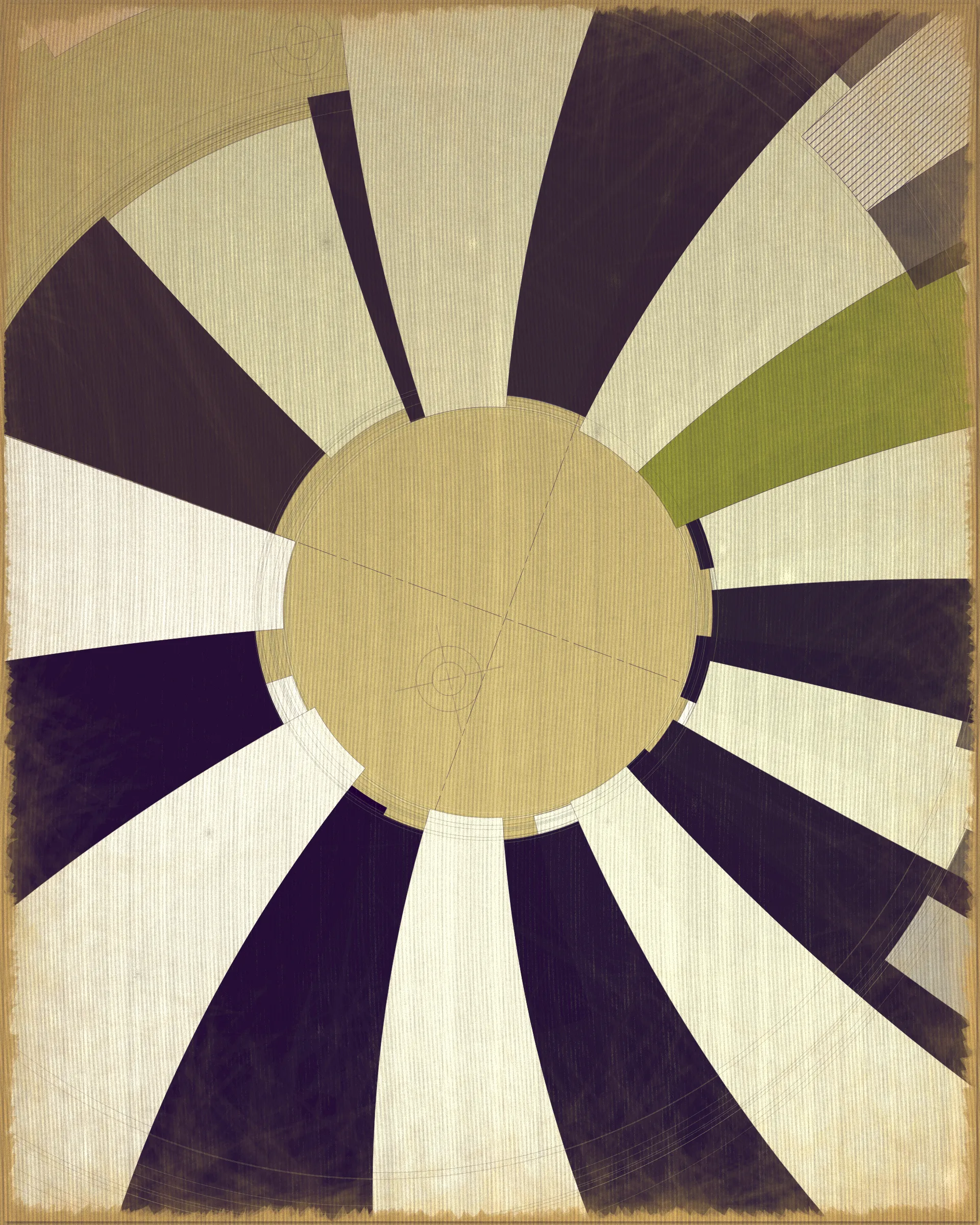 Fontana is Latin for fountain. 

This project is a playful attempt at abstractly capturing the flowing movement of a fountain using precisely drawn elements that evoke a static and considered rendering of a subject that is in constant flux. The visual language is reminiscent of hand-draughted technical drawing, a precise and methodical practice that progresses at a radically different pace to the flowing and capricious movement of water. To increase this tension between dynamic motion and static mechanical process I wanted the surface textures to appear worn and aged like a drawing that has spent its life in the bottom of a mechanics drawer. This process of abrasion and discoloration is occurring on yet another scale of time adding complexity to the references of time passing. 

Woven into the very fabric of Fontana is a fully generative solution for creating color expression. This means there is no reliance on preset palettes with every output being an entirely unique color articulation of the color story I want the project to reveal as a whole. Far from being random I attempted to create an approach which produces colors that evoke early 20th Century art and design media. With this intention I wanted  outputs to look like they could be working drawing artifacts from this period of time.