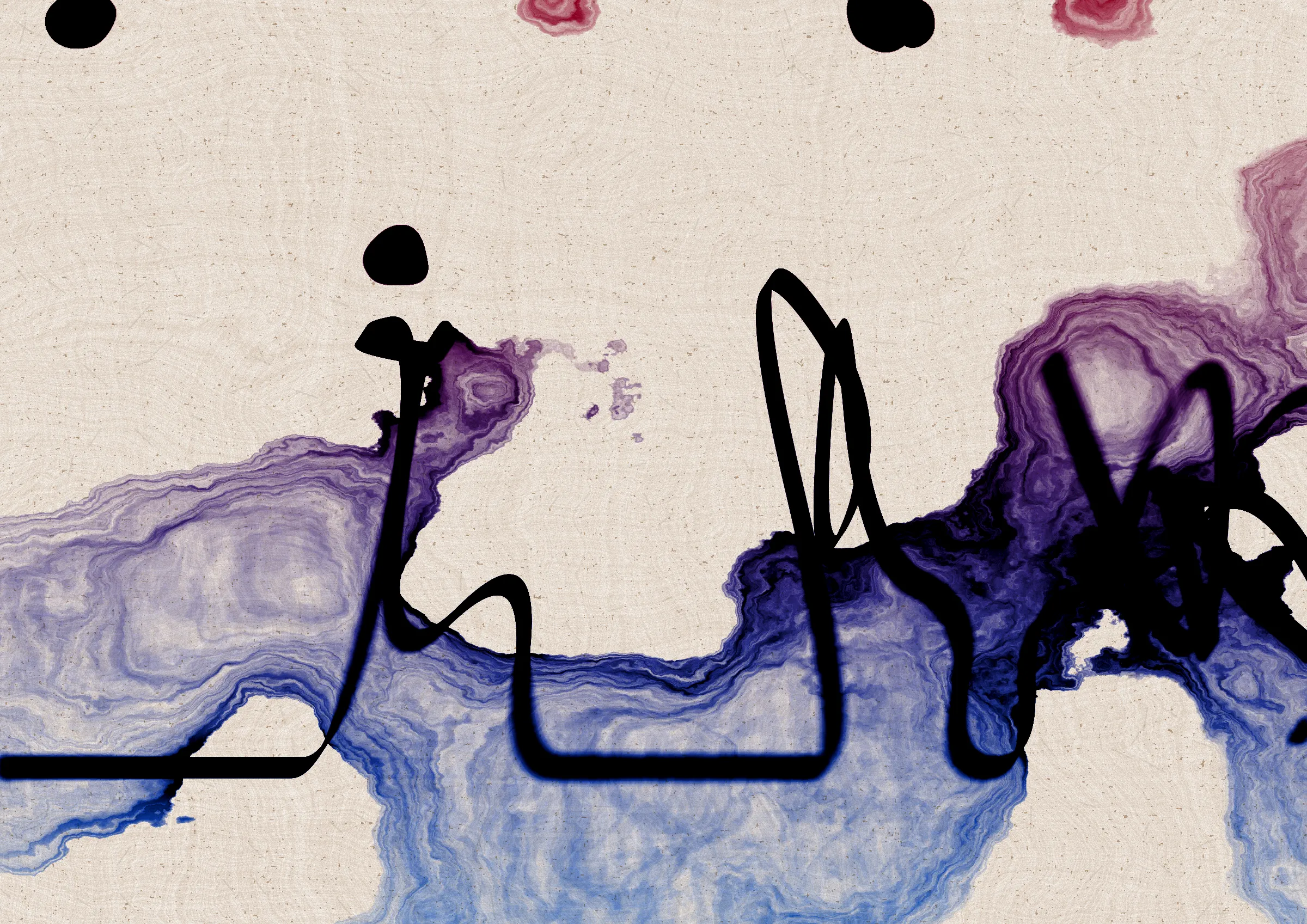 Sudfah (Arabic for "happy accident") is a generative collection celebrating the beauty that can emerge from chaos, mistakes, and accidents.

A single calligraphic line intends to tell one story (sometimes wandering and confused in its own right, but always meandering from one side to the other).

Digital liquid is spilled upon it and takes the ink in directions that are unexpected, uncontrolled, and tell a much more interesting story than the one the line intended.... and often more beautiful.