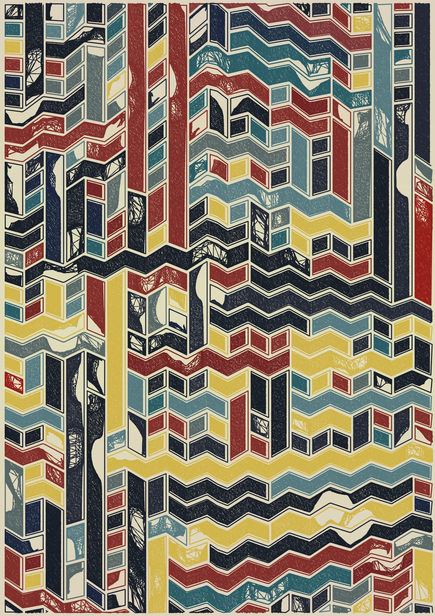 "Edifice" is a series of 976 massive, deteriorating structures built on strange terrain. It is an exploration of buildings being conceptualized, constructed, and eroded away under a wide variety of conditions. Edifice's outputs run the gamut between minimal and maximal, with some showing few large, static blocks of color, and others many small, highly textured and warped shapes. Each image is progressively constructed in front of the viewer's eyes. It is a system full of surprises that I'm excited to share with the world.
