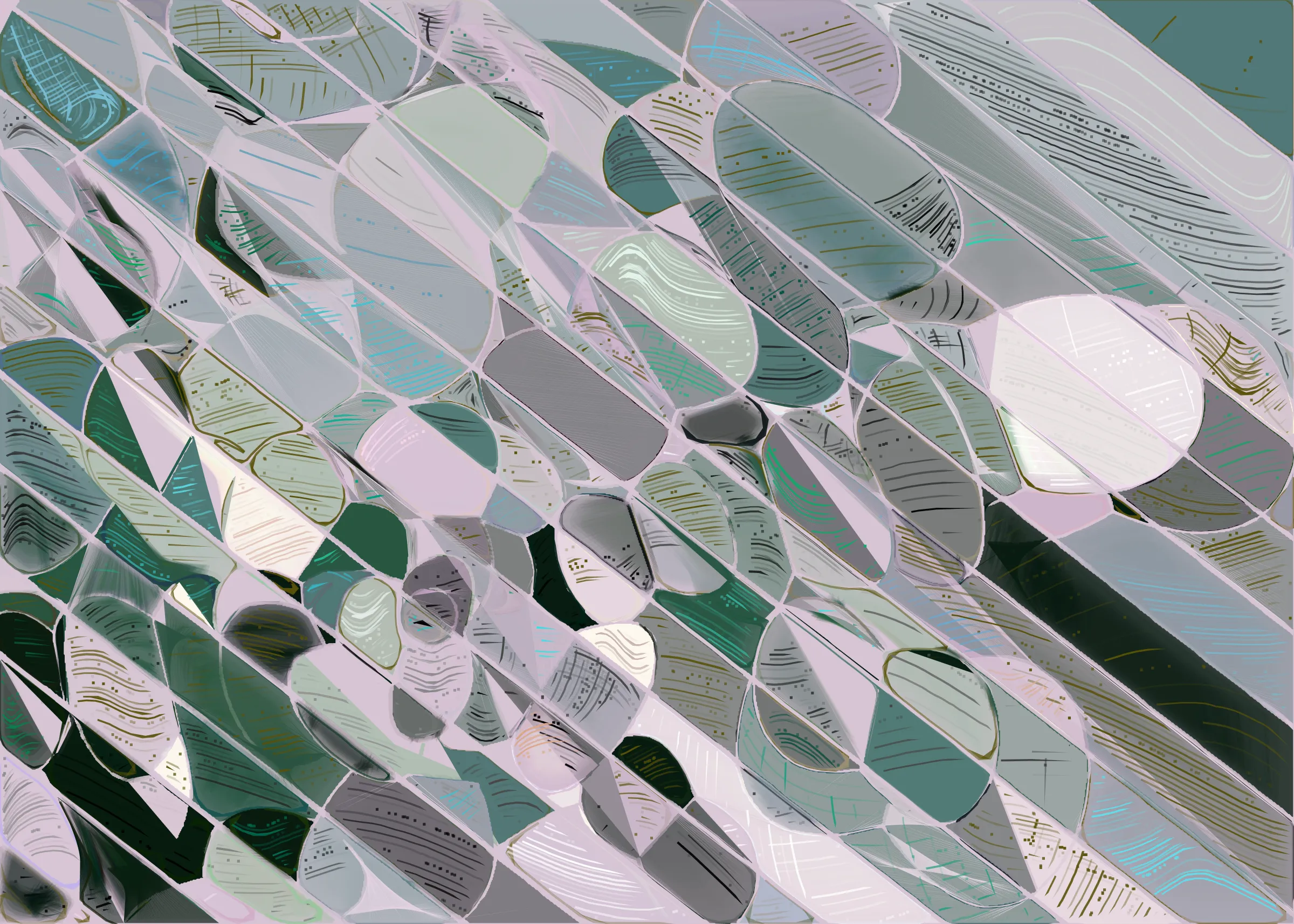 **Running Moon** depicts the nuanced interaction between clouds and moonlight. It is a search for boundaries between structure and fluidity, precision and errors. It is a quest for harmony. 

The rendering of **Running Moon** is inspired by stained glass and watercolor. It captures the sharpness of the glass and the softness of light using abstract forms. As organic shapes gradually expand to fill the space, brush-pen-like stripes solder these pieces together to form intricate compositions.