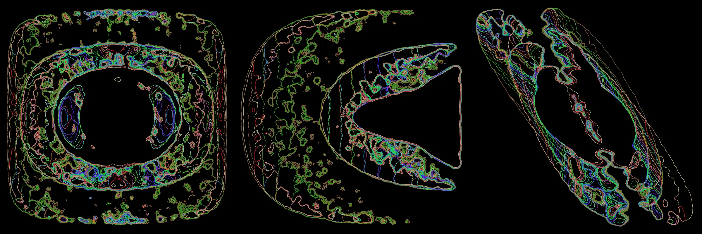 Primordial presents forms as diverse as those found in the natural world. The emergent system powering Primordial is capable of generating this diversity but is hard to control. After the initial generation there is a curation step; forms must meet certain criteria or the algorithm replaces them.

The forms produced by Primordial are presented in a triptych, as comparing multiple outputs is fundamental to understanding a generative algorithm. Primordial attempts to generate triptychs where the individual forms are related, and the results can be surprisingly harmonious or discordant.

Once the triptych is finalized, click on one of the forms to redraw a previous image. Press s to save the entire triptych, or 1-3 to save an individual image.