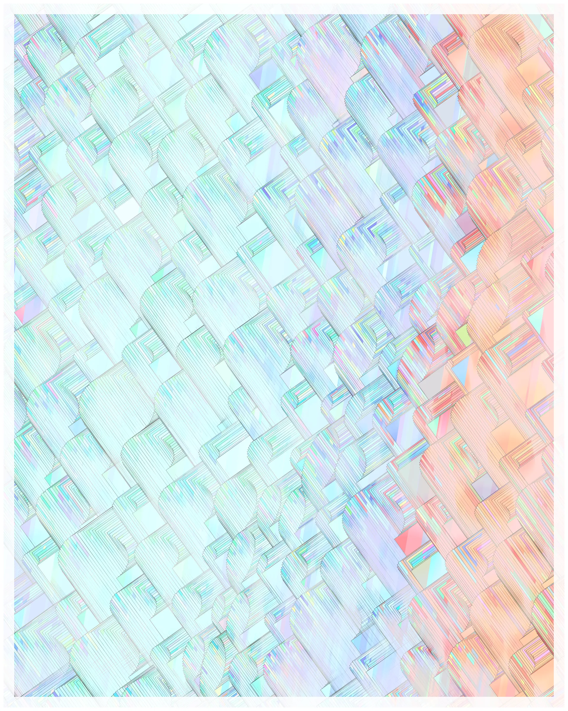 _There are no artifacts. There are only interpretations._

Glass is about the illusion of simplicity that cocoons us in our everyday existence. A glance at Glass may suggest a foam of bubbles or pebbles under clear water. But on inspection, these simple pictures dissolve. Instead of disks one finds stacked panes of translucent glass, intersecting and overlapping. There is dissonance between fine-scale chaos and the harmony of the aggregate. In Glass, two levels of reality -- panes of glass and the foam of bubbles -- are brought close together in scale, so that our oversimplified impression yields a palpable disquiet.

What appears simple is often anything but. Consider a standard wooden desk. To our eyes, it looks solid and continuous, but we know that it is made of atoms, tiny electrons orbiting nuclei. And these subatomic particles are themselves not like miniature solar systems, but creatures of quantum mechanics, stranger than we can imagine. The vast difference in scale between the atomic and the macroscopic hides this complex reality, but fundamentally it is the same phenomenon shown here.

Glass continues my exploration of emergence. While in previous work I explored how simple systems can create complex, emergent forms, here the interest is in the converse: how coherence is often deceptive, masking a complex underlying reality.

Glass draws on the aesthetic of Shin Hanga artists Hiroshi Yoshida and Kawase Hasui, and abstract expressionist Sonja Sekula. In live view, Glass has ambient motion: the shadows evolve, imperceptibly slowly.

The following variations & controls are possible. You may need to click on the canvas before they are active. For a high-resolution output, use the pixel density controls. For example, on a standard laptop, an image saved at pixel density 5 will be approximately 3200 x 4000 pixels, and therefore suitable for printing at ~ 11" x 13" at 300 dpi.

Variations (require redrawing):

f -- fit-to-screen on/off
o -- outline on/off

Controls:

s   -- save as png
spacebar  -- pause/unpause ( useful to reduce CPU load in Live mode )
b -- border on/off ( useful for printing )
1-9  -- set pixel density (default=2 on retina displays)
+/-  -- increase/decrease pixel density