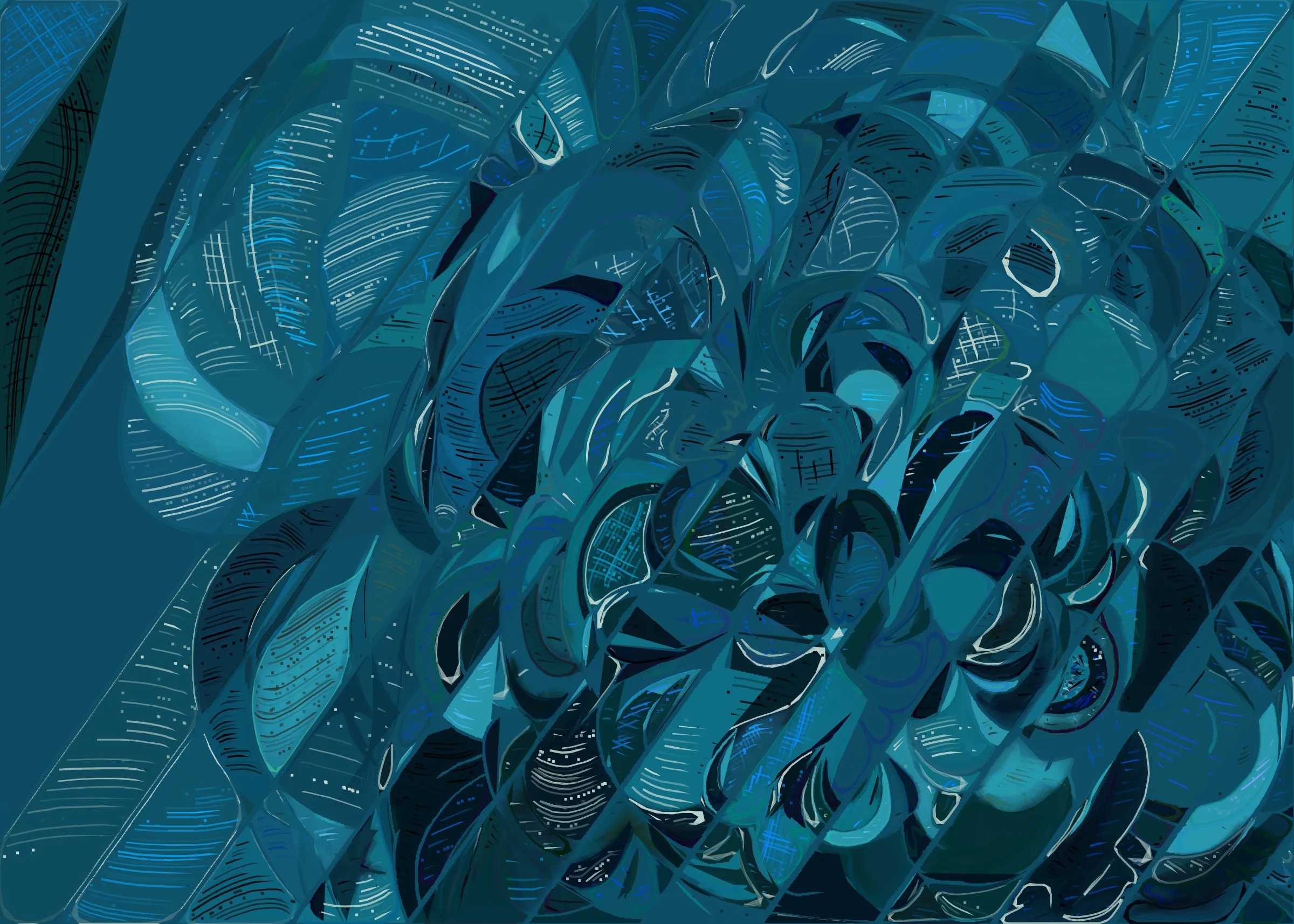 **Running Moon** depicts the nuanced interaction between clouds and moonlight. It is a search for boundaries between structure and fluidity, precision and errors. It is a quest for harmony. 

The rendering of **Running Moon** is inspired by stained glass and watercolor. It captures the sharpness of the glass and the softness of light using abstract forms. As organic shapes gradually expand to fill the space, brush-pen-like stripes solder these pieces together to form intricate compositions.