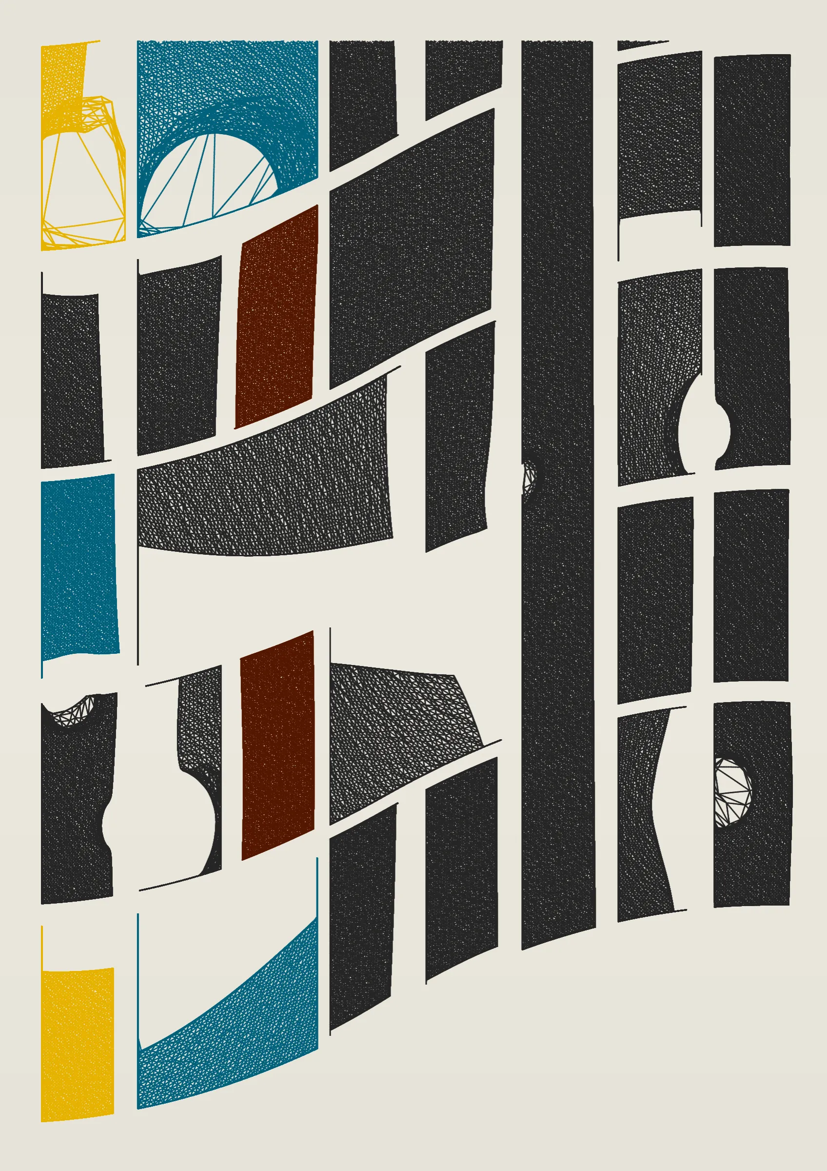 "Edifice" is a series of 976 massive, deteriorating structures built on strange terrain. It is an exploration of buildings being conceptualized, constructed, and eroded away under a wide variety of conditions. Edifice's outputs run the gamut between minimal and maximal, with some showing few large, static blocks of color, and others many small, highly textured and warped shapes. Each image is progressively constructed in front of the viewer's eyes. It is a system full of surprises that I'm excited to share with the world.