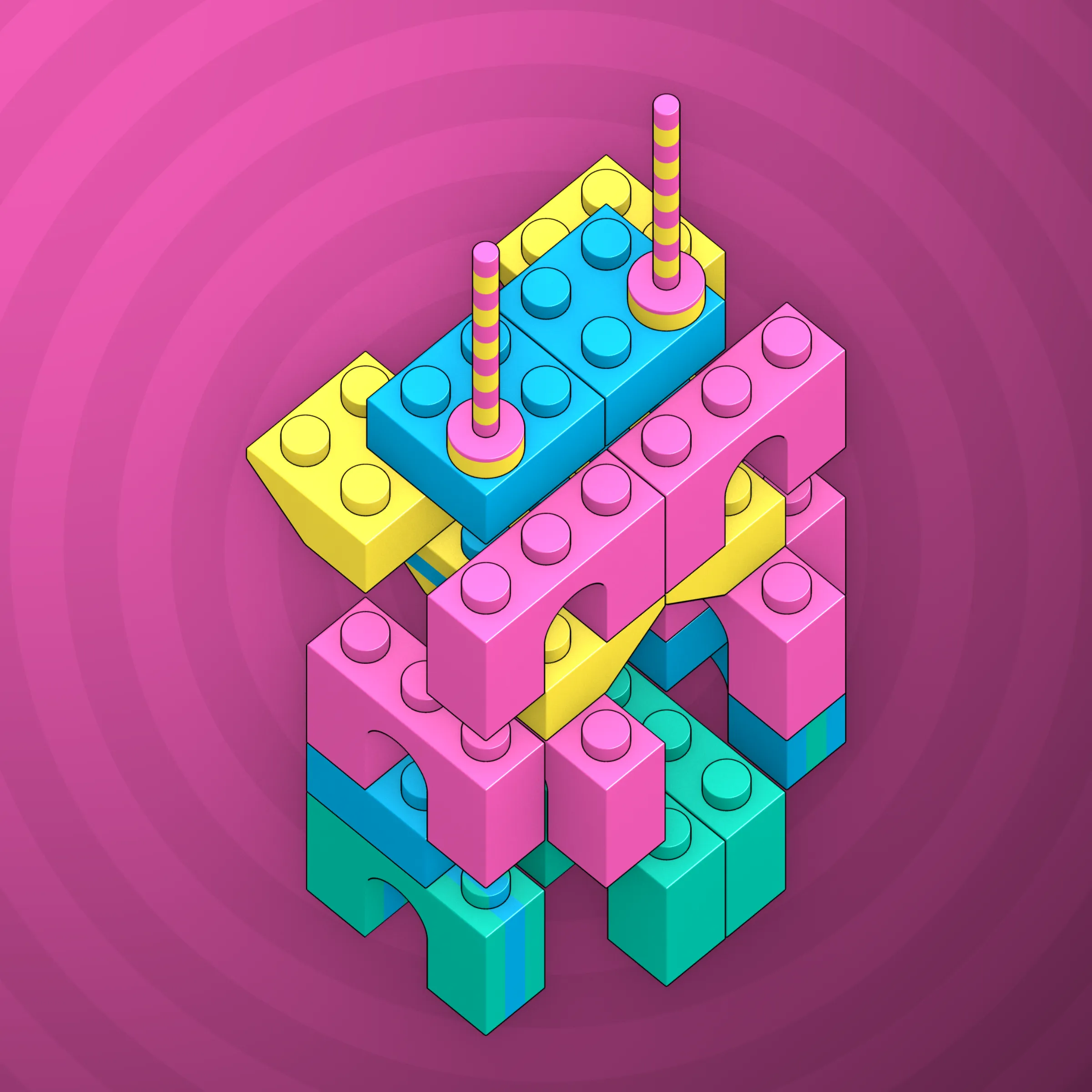 The project focuses on how easily one assigns meaning to seemingly random combinations of blocks, giving them personality and creating emotional connections.

I was inspired by Ringers, in which people see animals and other characters. I wanted to amplify this quality, and the idea of sculptures made of blocks clicked! Endless combinations, funny characters, and my passion for cubes, voxels, and modular systems.

To make the sculptures, I used technique of hybrid voxel raymarching, so we can say, the sculptures are made of colored void in a reflected space. Some of them may seem impossible due to the lack of perspective, but sooner or later it all clicks! It helps to keep in mind that all shapes are symmetrical.

The script uses modern features of GPU so it's supposed to work only on desktop: Chrome, Firefox or Safari