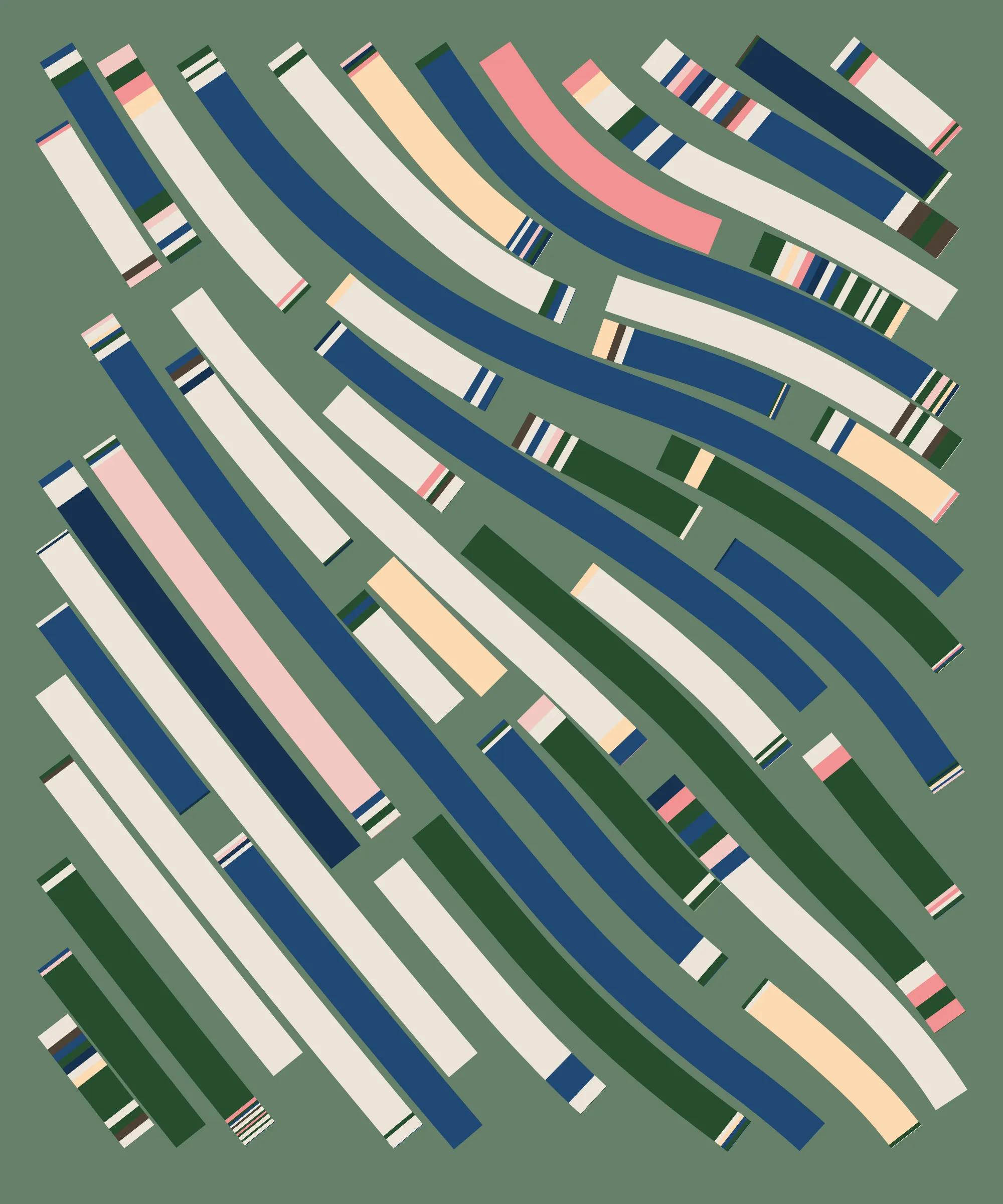 Fidenza is by far my most versatile algorithm to date. Although the program stays focused on structured curves and blocks, the varieties of scale, organization, texture, and color usage it can employ create a wide array of generative possibilities.