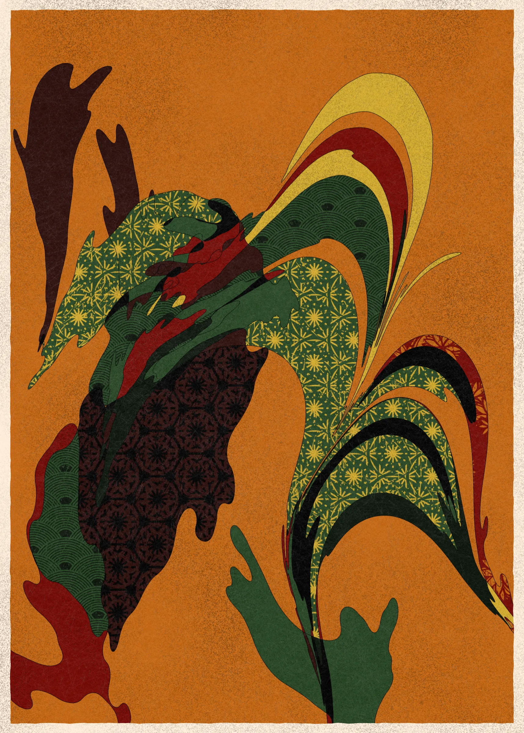 Memories of Qilin is inspired by traditional East Asian art. It channels the sense of movement and fluidity found in classical Chinese brushwork, while drawing from the colors, patterns, and forms of ukiyo-e woodblock prints. 

The series explores elements of folklore, evoking the mythological imagery of dragons, phoenixes, flowers, and mountains.  The title references a fabled chimerical beast found throughout East Asian mythology (while the qilin is its Chinese name, it is also known in Korea as the girin and Japan as the kirin) that represents prosperity and luck.

Viewers are invited to interpret elusive forms that verge on representation. As with the stories passed on through generations, each piece is imagined, organic, and ever-in-flux.