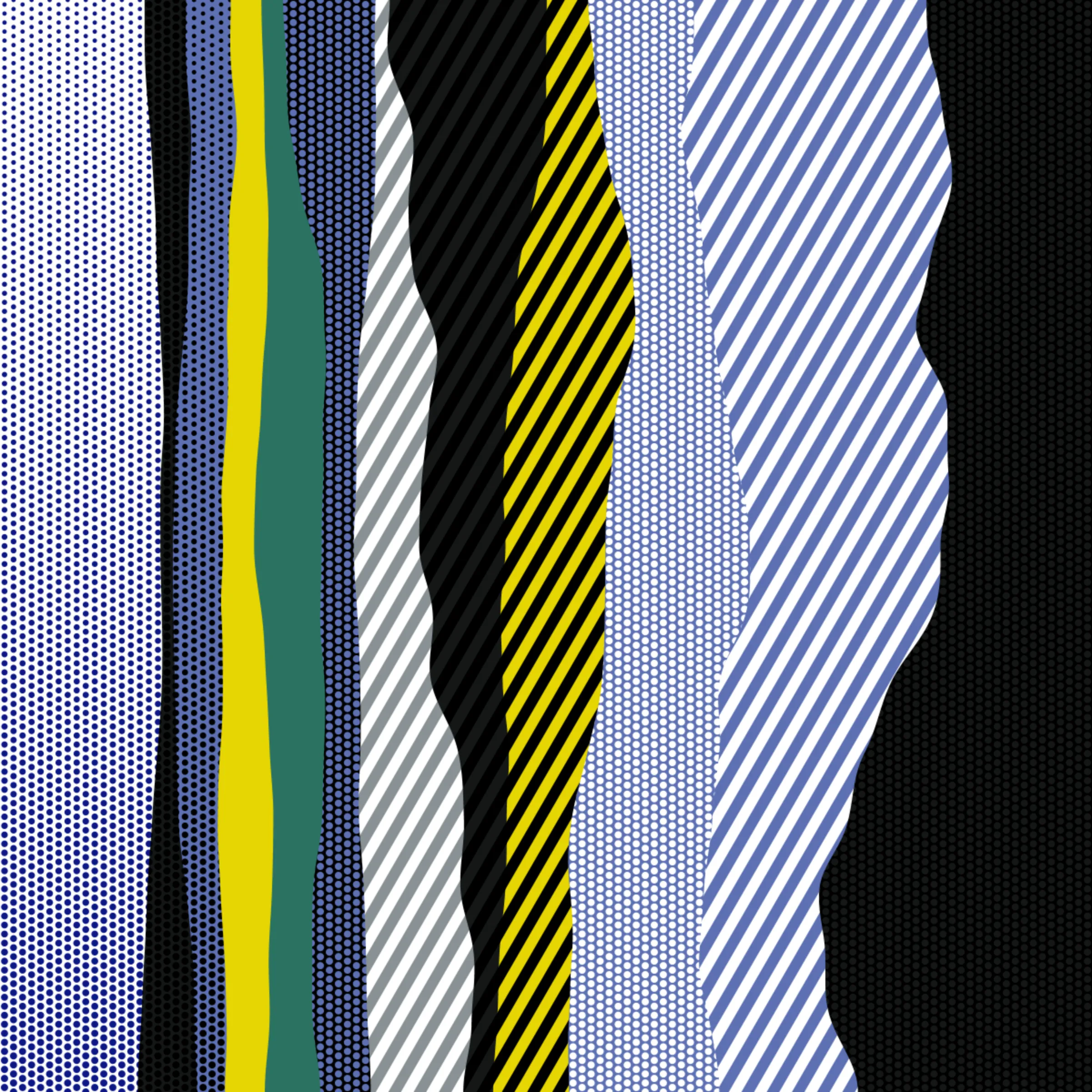 An ode to Roy Lichtenstein, incorporating his iconic version of Ben-Day dots, halftone dots, angled stripes, and solid color patches. Inspired by Roy's sea and landscape paintings, each artwork generates a unique combination of patterns, shapes, and colors.