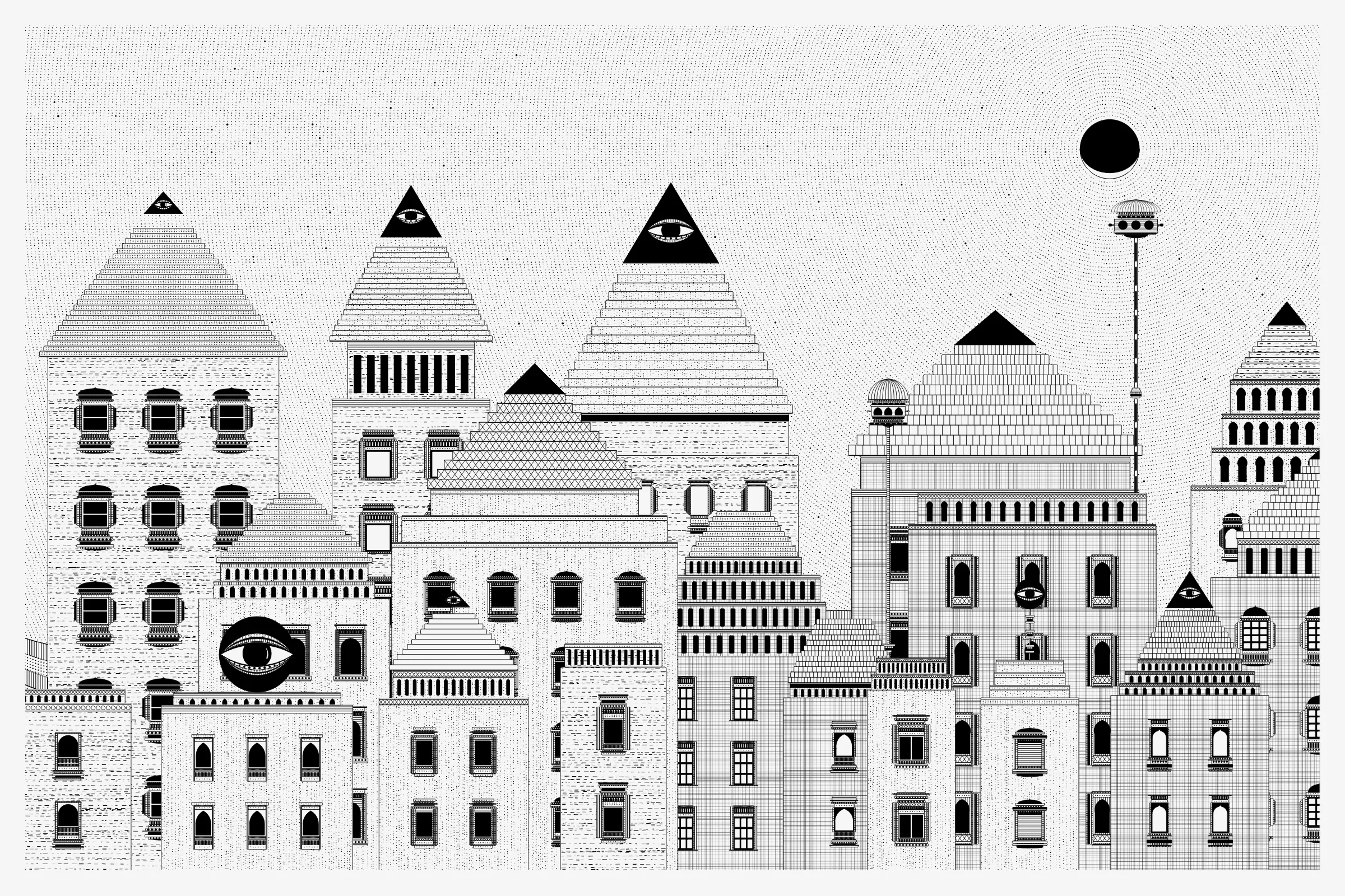 _Alan Ki Aankhen_ is an exploration of other-worldly cityscapes in the visual aesthetic of Fahad’s distinct style with pen and paper. The title, translated as _Alan’s Eyes_, alludes to Alan Turing’s machine intelligence test - a thought experiment foreshadowing a moment in which we can no longer differentiate between the real and the artificial. Though first proposed in 1950, the topic feels especially relevant today, as even our creative practices are being carried by shifting technological tides.

The algorithms and decision-making encoded into this generative art project intentionally imitate Fahad’s approach on traditional mediums - composition rules, textures, and overall themes. The visual elements are inspired by Fahad’s memories from his nomadic life. You’ll find intricate windows from Rajasthan, massive Egyptian pyramids rising from the horizon, a density of civilization only seen in New York, and the moon - a comforting and shared sight no matter where you stand.