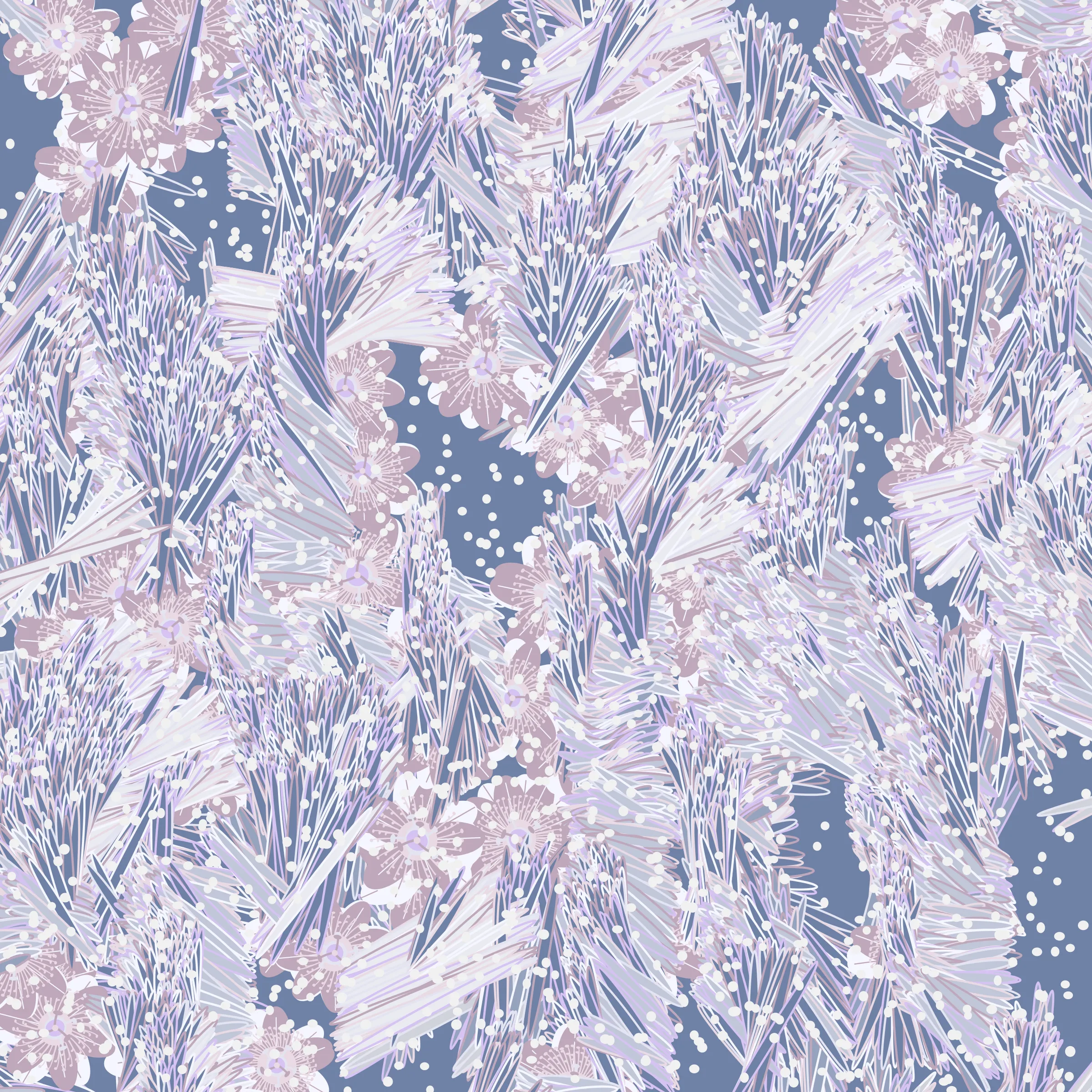 “Fragments of an infinite field” is a compositional system in which an idealized plant species is generated and arranged in a potentially infinite field of foliage. The main environmental parameter of the composition is the determination of a season of the year. The season determines the landscape’s colors and defines specific phenomena for each of them, such as rain in summer, snow in winter, petals falling in autumn, and pollen in spring. The flower has several possible variables, which can be macro aspects, affecting the entire population of the species, or micro, affecting each individual of the species differently. For example, the number of petals can be equal in all individuals or not. The number of filaments and other structures of the flower can undergo minor deviations, generating small mutations. The confusion between the figure (plant) and the background (earth, sky, other natural elements) is fascinating from a compositional point of view. The background colors are, most of the time, colors present in the figures, often breaking the boundary between them and, therefore, generating chromatic masses. In this project I also intend to research the following question: How to create parameters that resemble a living organism's growth? In this sense, the project approaches digital morphogenesis and the development of procedural organisms.