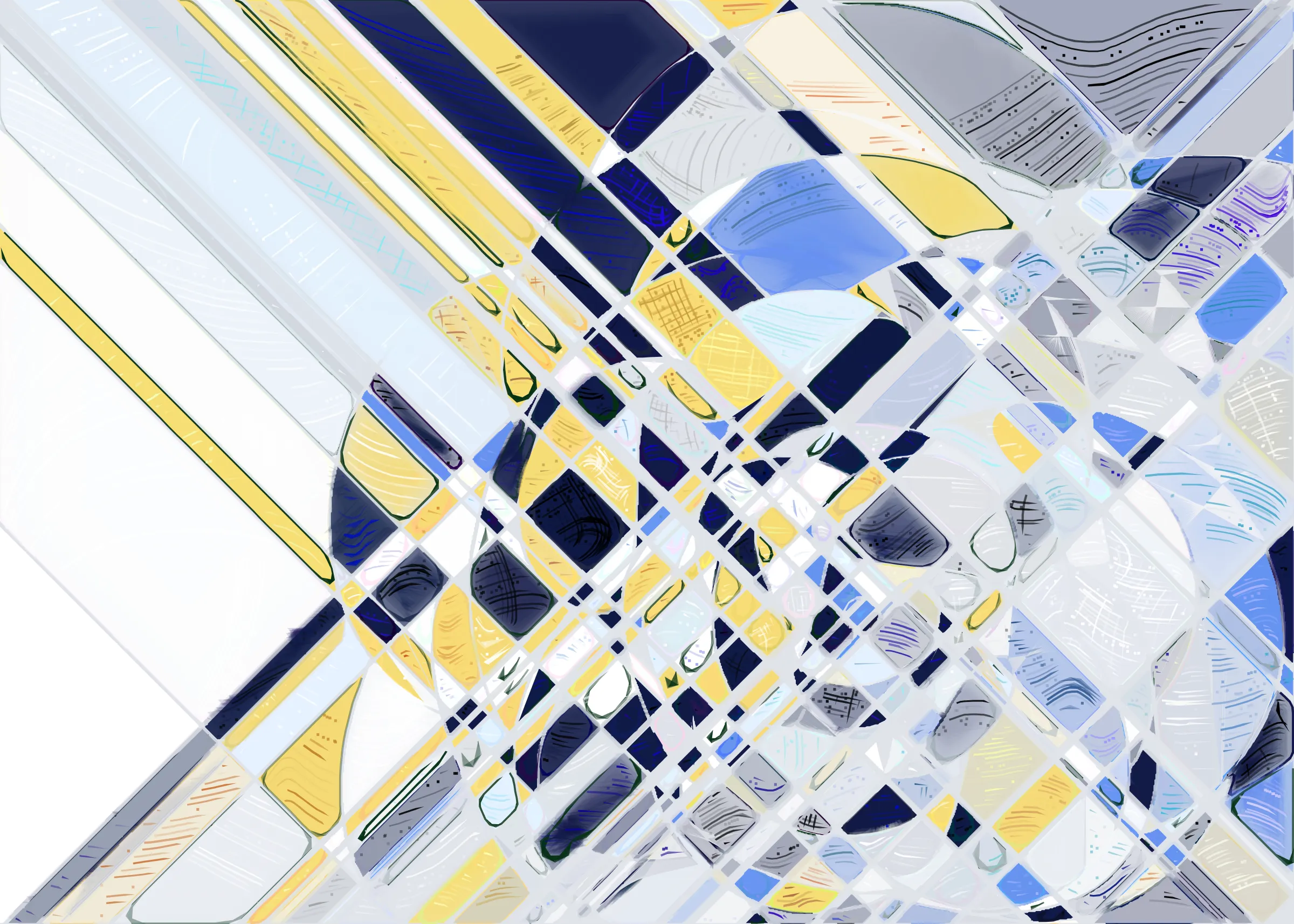 **Running Moon** depicts the nuanced interaction between clouds and moonlight. It is a search for boundaries between structure and fluidity, precision and errors. It is a quest for harmony. 

The rendering of **Running Moon** is inspired by stained glass and watercolor. It captures the sharpness of the glass and the softness of light using abstract forms. As organic shapes gradually expand to fill the space, brush-pen-like stripes solder these pieces together to form intricate compositions.