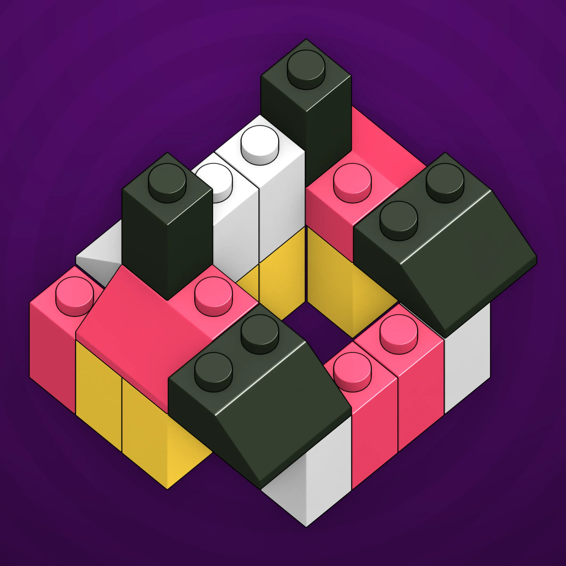 The project focuses on how easily one assigns meaning to seemingly random combinations of blocks, giving them personality and creating emotional connections.

I was inspired by Ringers, in which people see animals and other characters. I wanted to amplify this quality, and the idea of sculptures made of blocks clicked! Endless combinations, funny characters, and my passion for cubes, voxels, and modular systems.

To make the sculptures, I used technique of hybrid voxel raymarching, so we can say, the sculptures are made of colored void in a reflected space. Some of them may seem impossible due to the lack of perspective, but sooner or later it all clicks! It helps to keep in mind that all shapes are symmetrical.

The script uses modern features of GPU so it's supposed to work only on desktop: Chrome, Firefox or Safari