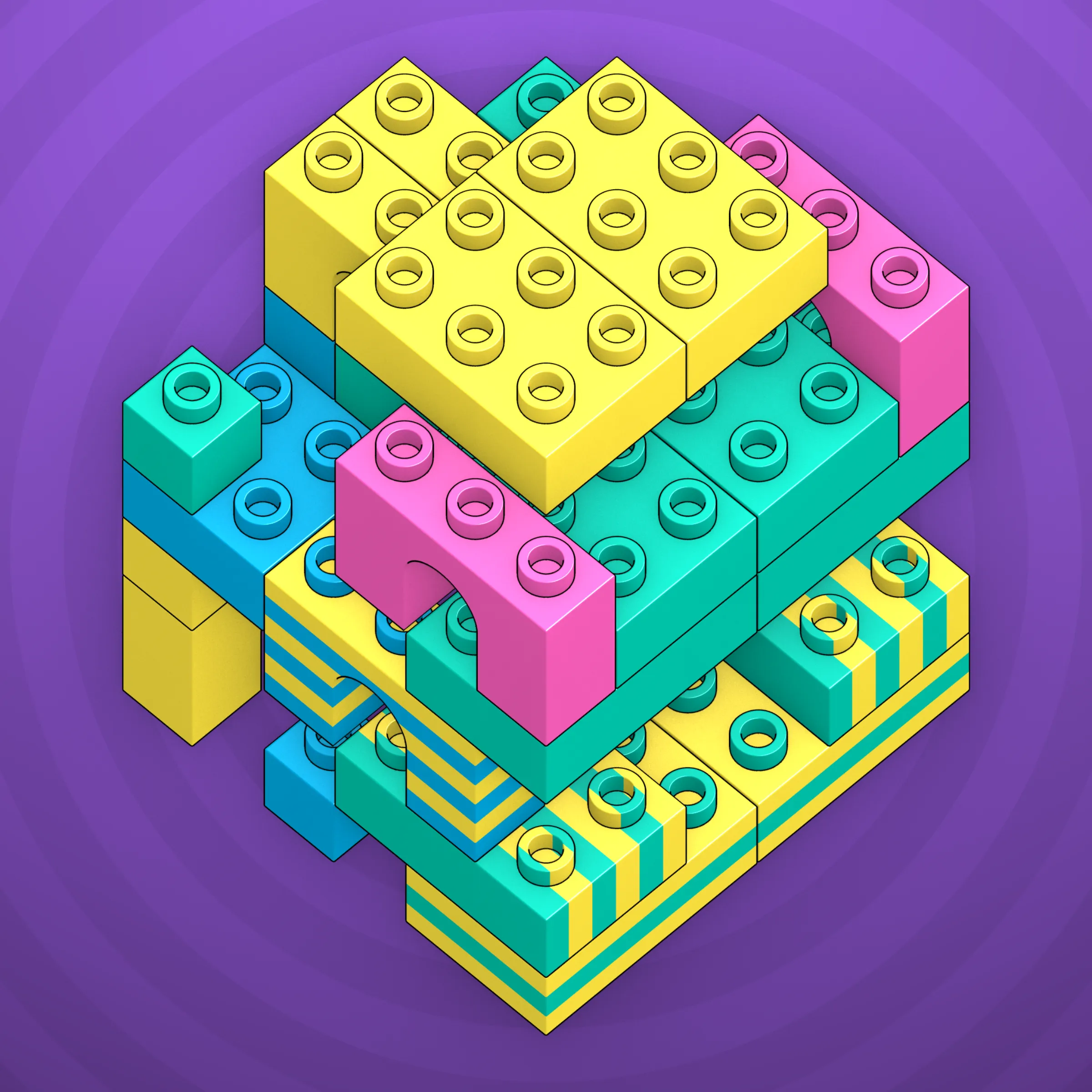 The project focuses on how easily one assigns meaning to seemingly random combinations of blocks, giving them personality and creating emotional connections.

I was inspired by Ringers, in which people see animals and other characters. I wanted to amplify this quality, and the idea of sculptures made of blocks clicked! Endless combinations, funny characters, and my passion for cubes, voxels, and modular systems.

To make the sculptures, I used technique of hybrid voxel raymarching, so we can say, the sculptures are made of colored void in a reflected space. Some of them may seem impossible due to the lack of perspective, but sooner or later it all clicks! It helps to keep in mind that all shapes are symmetrical.

The script uses modern features of GPU so it's supposed to work only on desktop: Chrome, Firefox or Safari