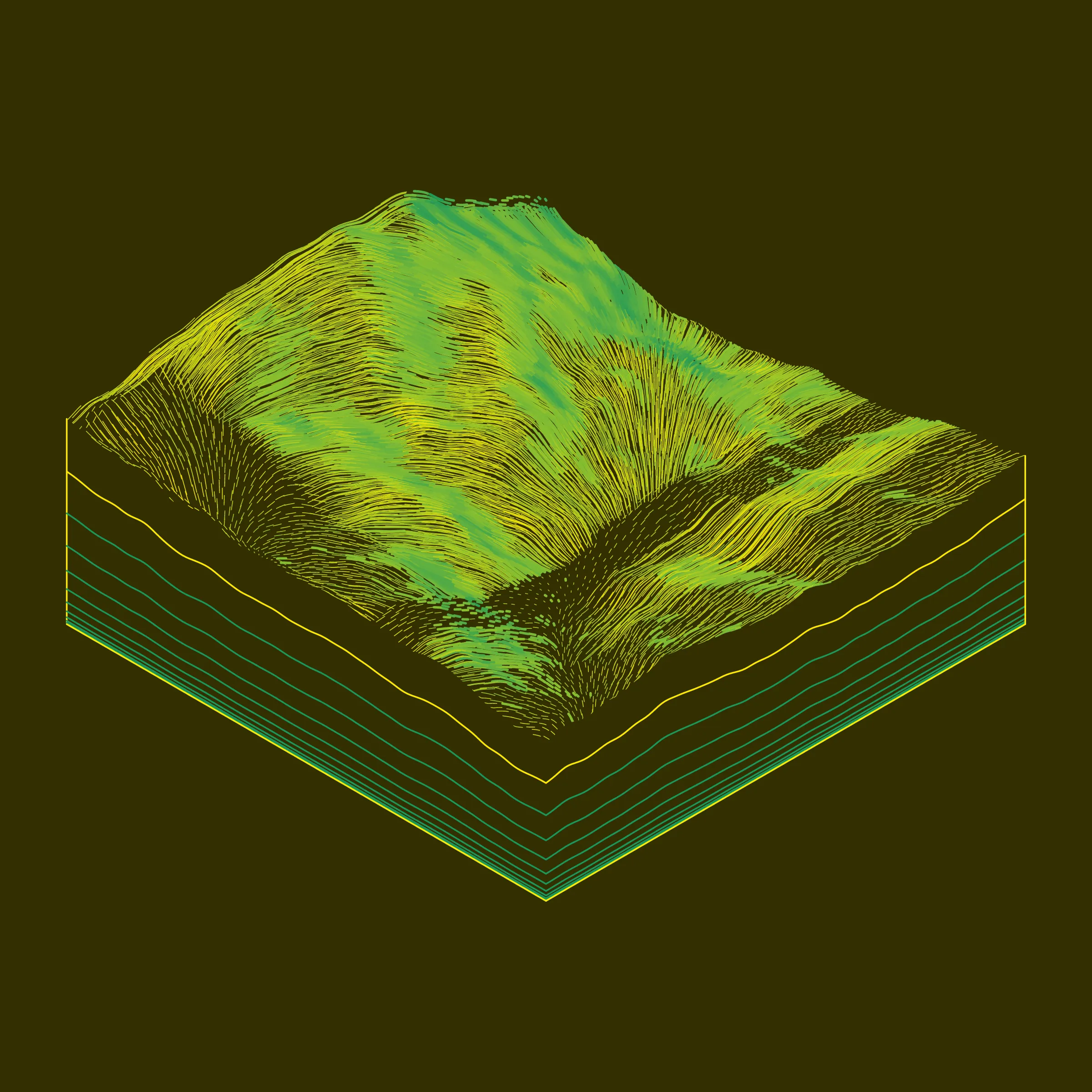 A generative algorithm that draws the impression of a landscape from a multitude of possibilities. The unique seed from each token drives the parametric assortment of lines, colors, and forms into a constructed composition.