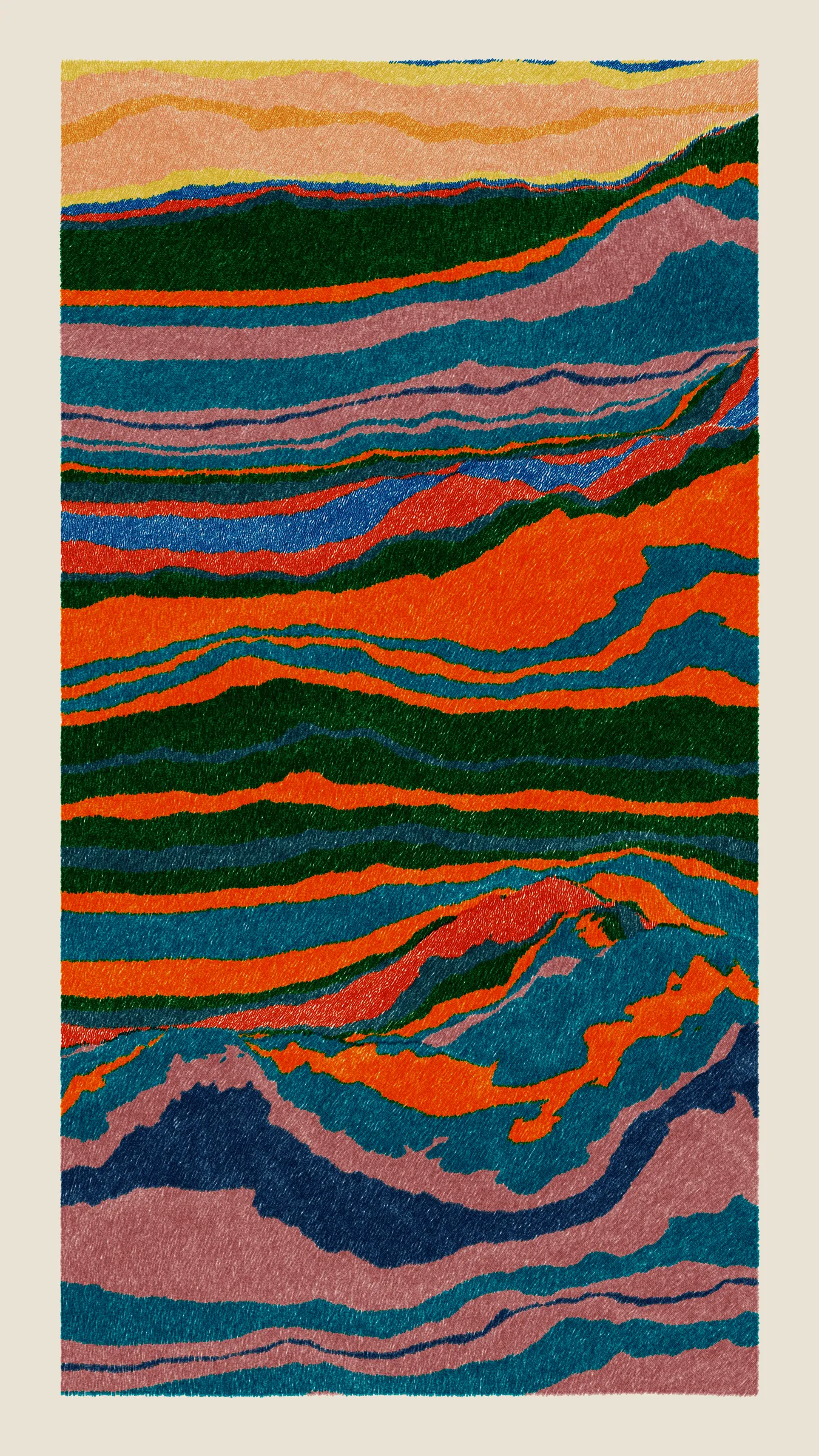 Stratified landforms constructed from many small strokes of colour. The hash of each token describes a coordinate within a multidimensional generative space, locating a unique composition that lies along one of many possible longitudes.