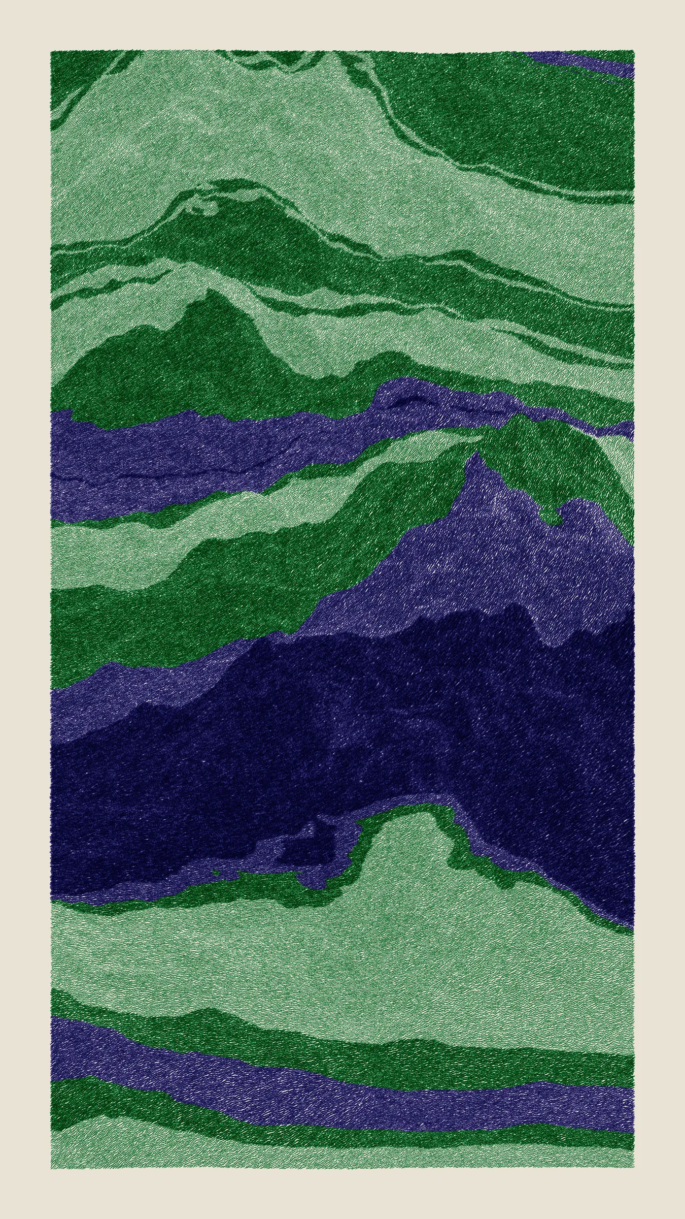 Stratified landforms constructed from many small strokes of colour. The hash of each token describes a coordinate within a multidimensional generative space, locating a unique composition that lies along one of many possible longitudes.