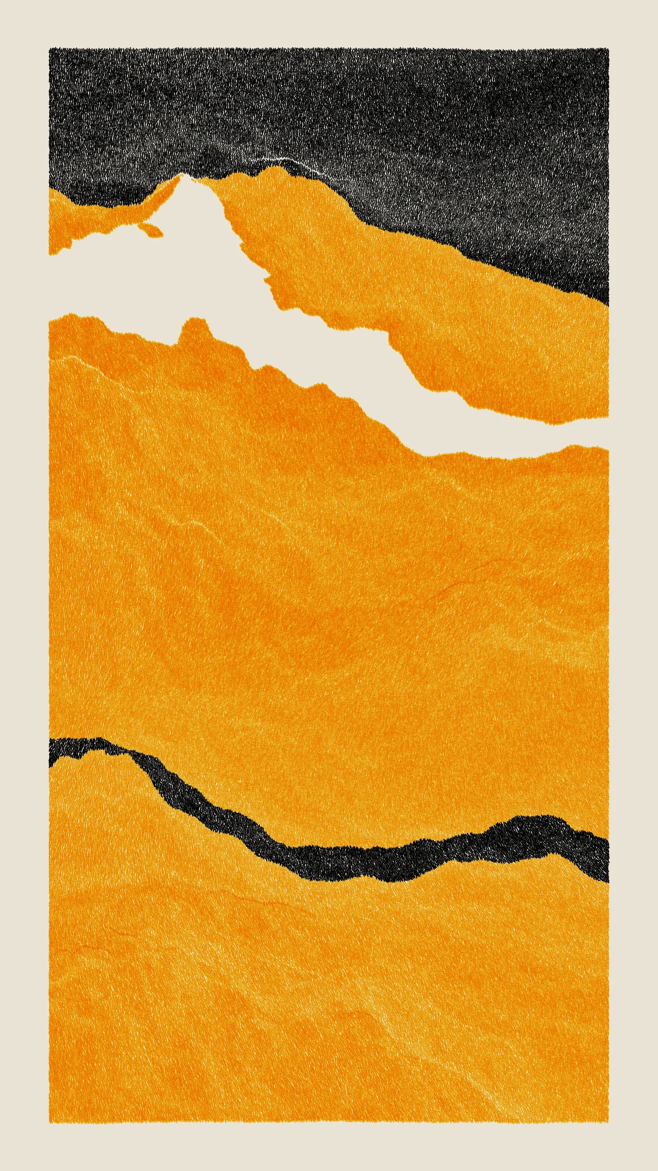 Stratified landforms constructed from many small strokes of colour. The hash of each token describes a coordinate within a multidimensional generative space, locating a unique composition that lies along one of many possible longitudes.