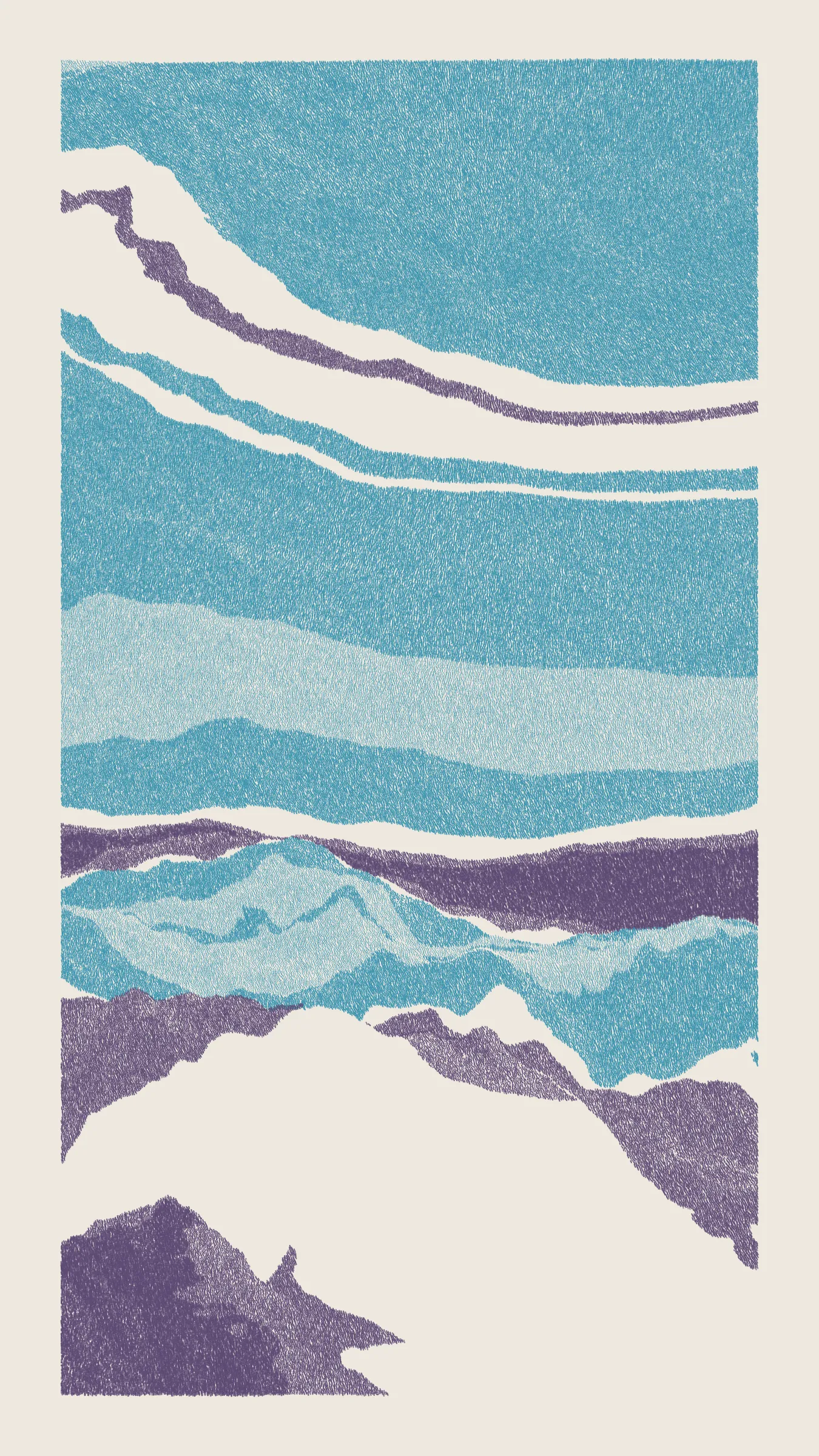 Stratified landforms constructed from many small strokes of colour. The hash of each token describes a coordinate within a multidimensional generative space, locating a unique composition that lies along one of many possible longitudes.