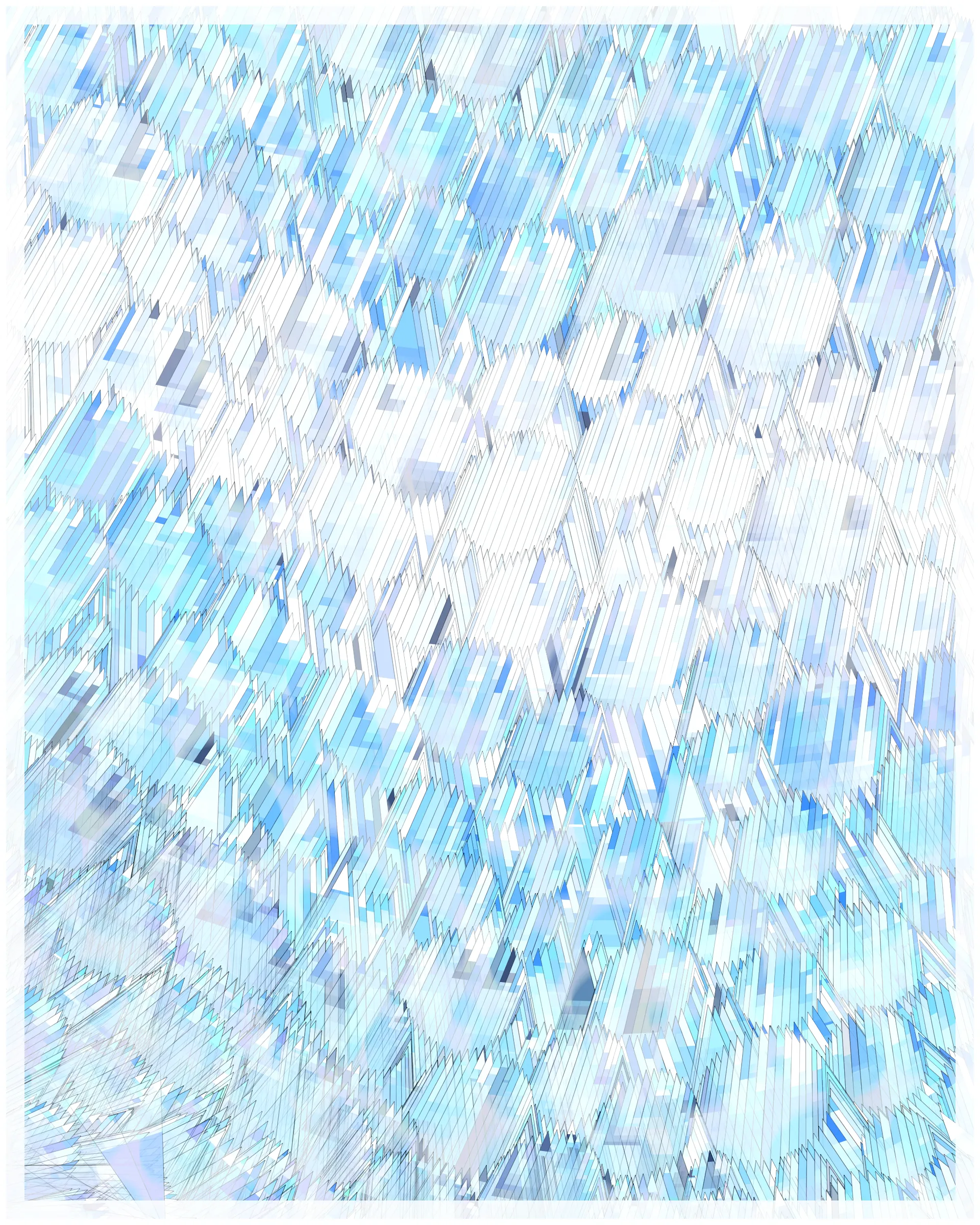 _There are no artifacts. There are only interpretations._

Glass is about the illusion of simplicity that cocoons us in our everyday existence. A glance at Glass may suggest a foam of bubbles or pebbles under clear water. But on inspection, these simple pictures dissolve. Instead of disks one finds stacked panes of translucent glass, intersecting and overlapping. There is dissonance between fine-scale chaos and the harmony of the aggregate. In Glass, two levels of reality -- panes of glass and the foam of bubbles -- are brought close together in scale, so that our oversimplified impression yields a palpable disquiet.

What appears simple is often anything but. Consider a standard wooden desk. To our eyes, it looks solid and continuous, but we know that it is made of atoms, tiny electrons orbiting nuclei. And these subatomic particles are themselves not like miniature solar systems, but creatures of quantum mechanics, stranger than we can imagine. The vast difference in scale between the atomic and the macroscopic hides this complex reality, but fundamentally it is the same phenomenon shown here.

Glass continues my exploration of emergence. While in previous work I explored how simple systems can create complex, emergent forms, here the interest is in the converse: how coherence is often deceptive, masking a complex underlying reality.

Glass draws on the aesthetic of Shin Hanga artists Hiroshi Yoshida and Kawase Hasui, and abstract expressionist Sonja Sekula. In live view, Glass has ambient motion: the shadows evolve, imperceptibly slowly.

The following variations & controls are possible. You may need to click on the canvas before they are active. For a high-resolution output, use the pixel density controls. For example, on a standard laptop, an image saved at pixel density 5 will be approximately 3200 x 4000 pixels, and therefore suitable for printing at ~ 11" x 13" at 300 dpi.

Variations (require redrawing):

f -- fit-to-screen on/off
o -- outline on/off

Controls:

s   -- save as png
spacebar  -- pause/unpause ( useful to reduce CPU load in Live mode )
b -- border on/off ( useful for printing )
1-9  -- set pixel density (default=2 on retina displays)
+/-  -- increase/decrease pixel density