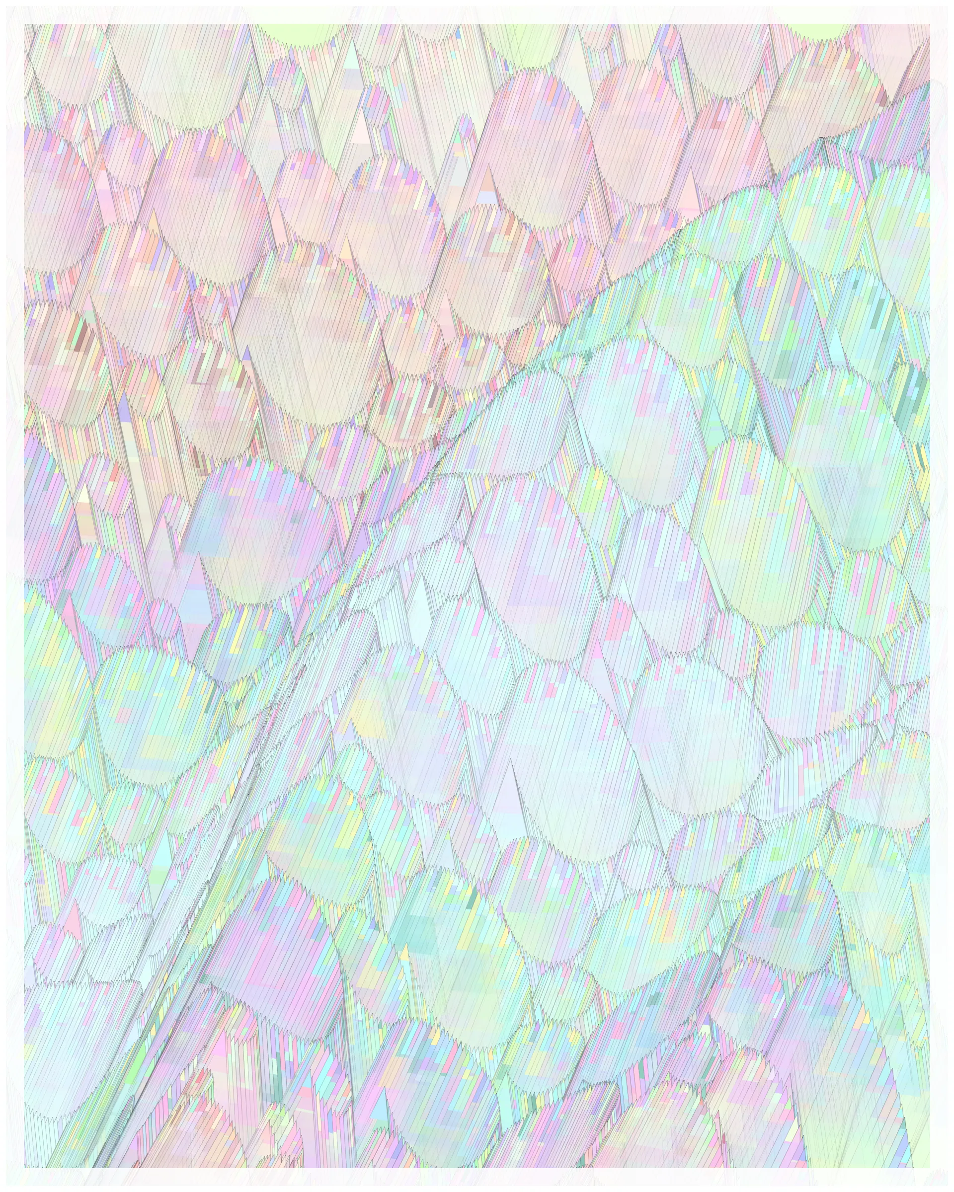 _There are no artifacts. There are only interpretations._

Glass is about the illusion of simplicity that cocoons us in our everyday existence. A glance at Glass may suggest a foam of bubbles or pebbles under clear water. But on inspection, these simple pictures dissolve. Instead of disks one finds stacked panes of translucent glass, intersecting and overlapping. There is dissonance between fine-scale chaos and the harmony of the aggregate. In Glass, two levels of reality -- panes of glass and the foam of bubbles -- are brought close together in scale, so that our oversimplified impression yields a palpable disquiet.

What appears simple is often anything but. Consider a standard wooden desk. To our eyes, it looks solid and continuous, but we know that it is made of atoms, tiny electrons orbiting nuclei. And these subatomic particles are themselves not like miniature solar systems, but creatures of quantum mechanics, stranger than we can imagine. The vast difference in scale between the atomic and the macroscopic hides this complex reality, but fundamentally it is the same phenomenon shown here.

Glass continues my exploration of emergence. While in previous work I explored how simple systems can create complex, emergent forms, here the interest is in the converse: how coherence is often deceptive, masking a complex underlying reality.

Glass draws on the aesthetic of Shin Hanga artists Hiroshi Yoshida and Kawase Hasui, and abstract expressionist Sonja Sekula. In live view, Glass has ambient motion: the shadows evolve, imperceptibly slowly.

The following variations & controls are possible. You may need to click on the canvas before they are active. For a high-resolution output, use the pixel density controls. For example, on a standard laptop, an image saved at pixel density 5 will be approximately 3200 x 4000 pixels, and therefore suitable for printing at ~ 11" x 13" at 300 dpi.

Variations (require redrawing):

f -- fit-to-screen on/off
o -- outline on/off

Controls:

s   -- save as png
spacebar  -- pause/unpause ( useful to reduce CPU load in Live mode )
b -- border on/off ( useful for printing )
1-9  -- set pixel density (default=2 on retina displays)
+/-  -- increase/decrease pixel density