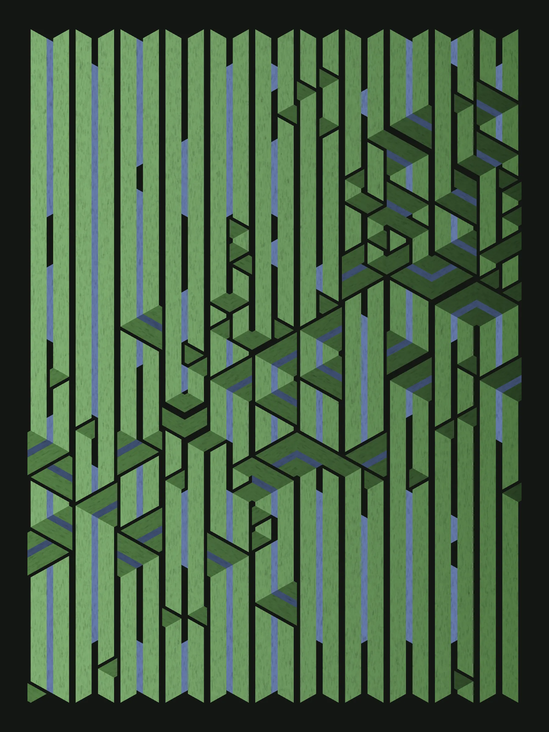 Lines are bent and shaded. There are no wrong turns. 

[Interaction in live view: press 1-7 or left/right arrow keys to see the stages of sketch construction: 1-grid, 2-divide, 3-tile, 4-bend, 5-shade, 6-color, 7-texture].