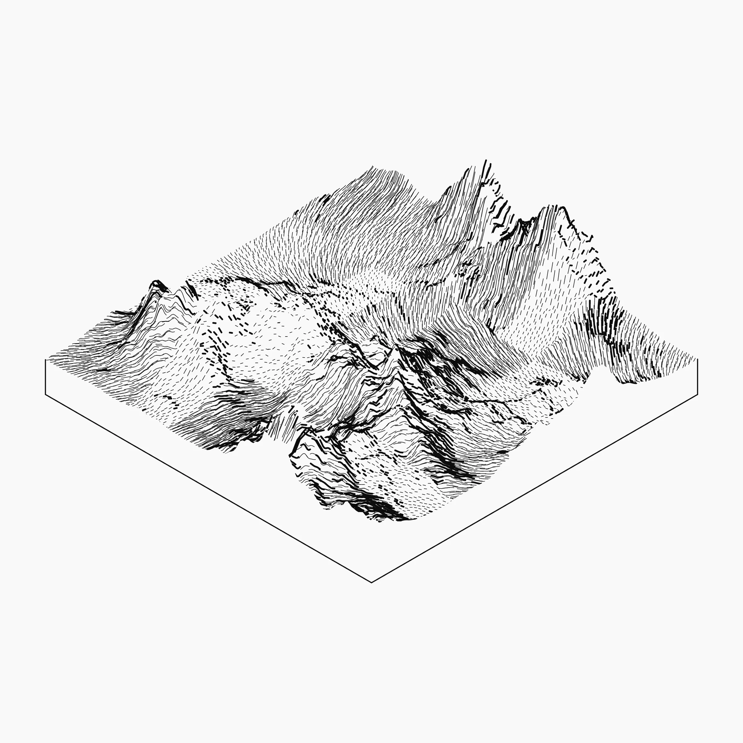 A generative algorithm that draws the impression of a landscape from a multitude of possibilities. The unique seed from each token drives the parametric assortment of lines, colors, and forms into a constructed composition.