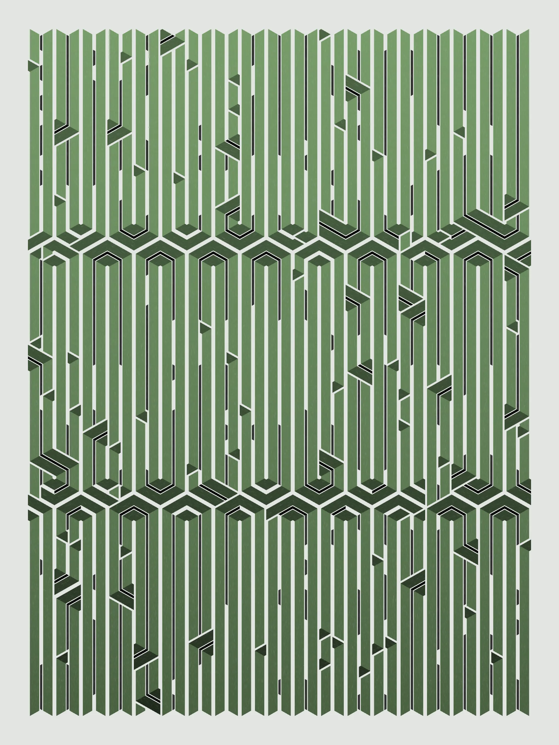 Lines are bent and shaded. There are no wrong turns. 

[Interaction in live view: press 1-7 or left/right arrow keys to see the stages of sketch construction: 1-grid, 2-divide, 3-tile, 4-bend, 5-shade, 6-color, 7-texture].