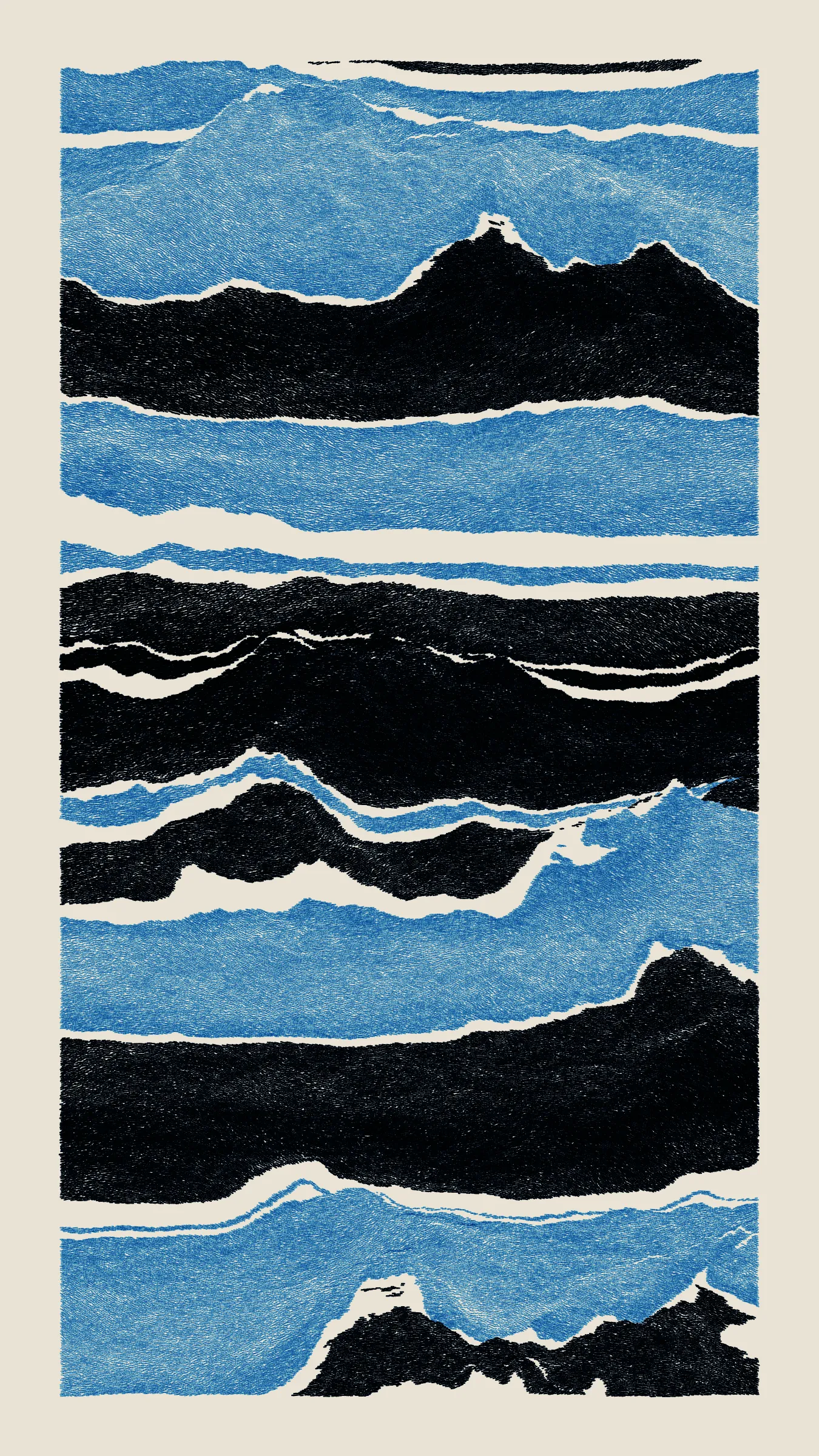 Stratified landforms constructed from many small strokes of colour. The hash of each token describes a coordinate within a multidimensional generative space, locating a unique composition that lies along one of many possible longitudes.