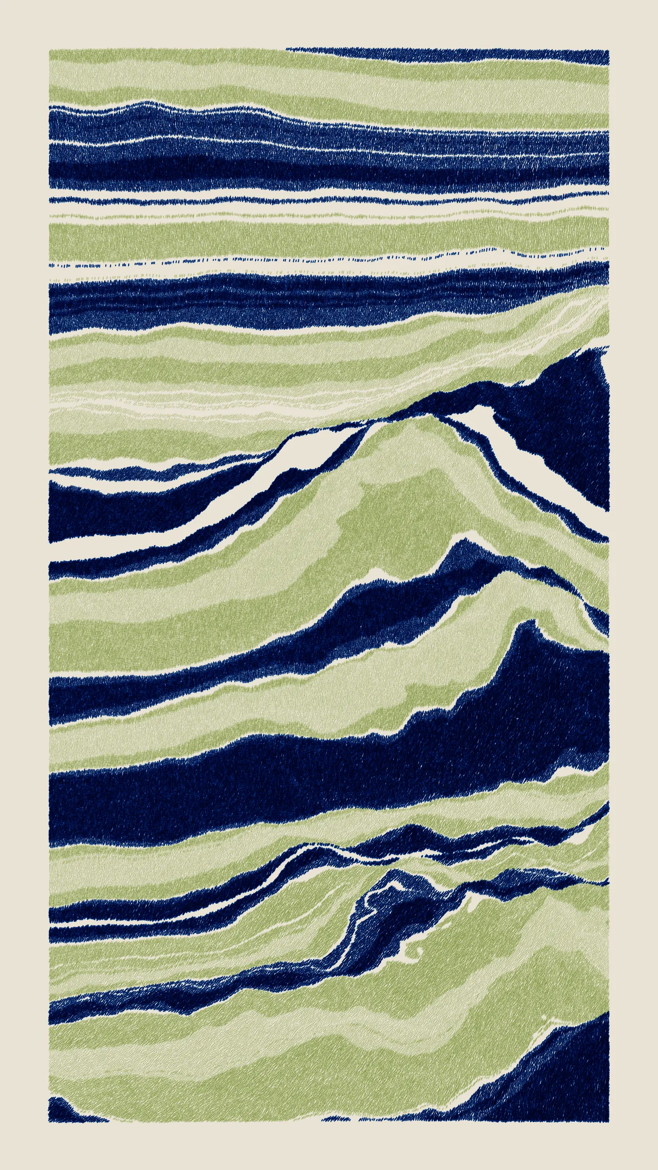 Stratified landforms constructed from many small strokes of colour. The hash of each token describes a coordinate within a multidimensional generative space, locating a unique composition that lies along one of many possible longitudes.