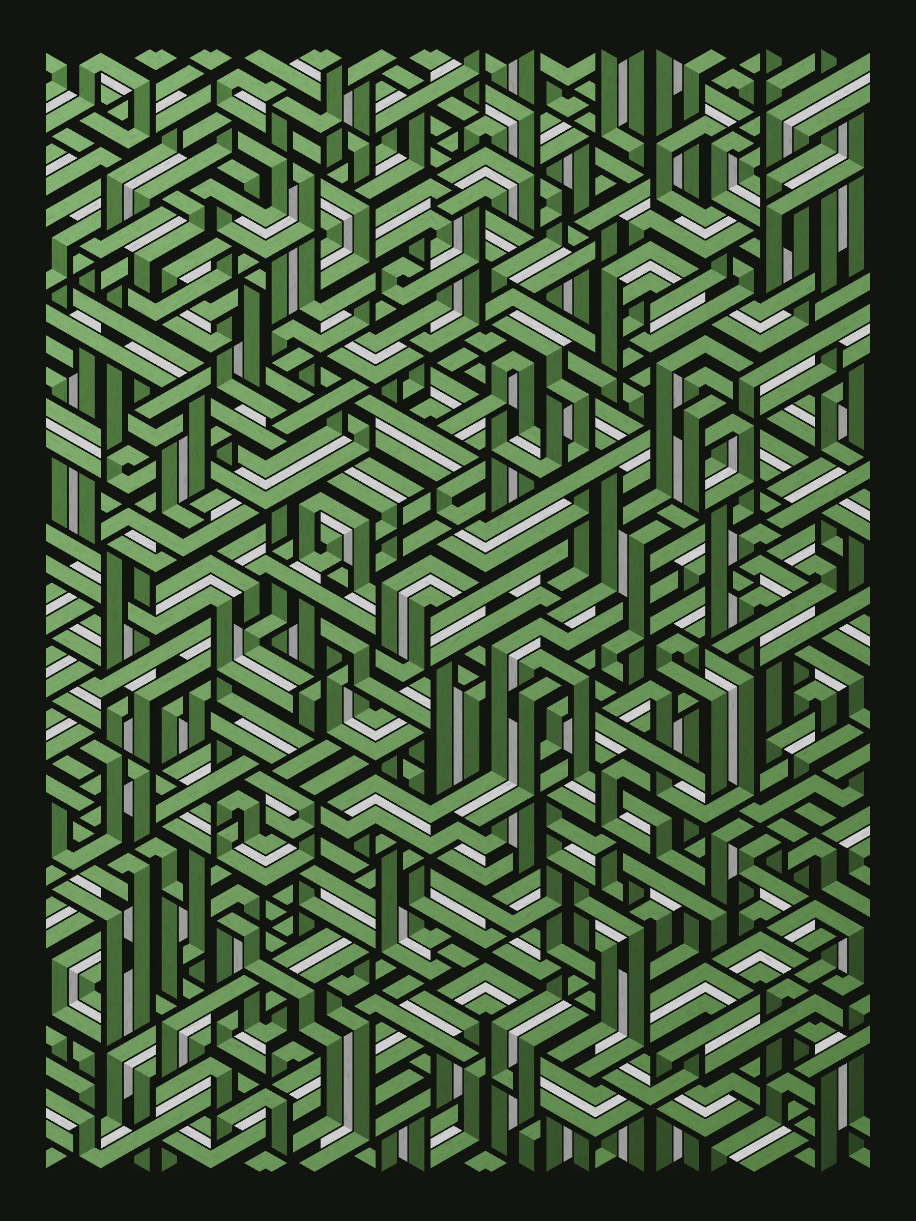 Lines are bent and shaded. There are no wrong turns. 

[Interaction in live view: press 1-7 or left/right arrow keys to see the stages of sketch construction: 1-grid, 2-divide, 3-tile, 4-bend, 5-shade, 6-color, 7-texture].