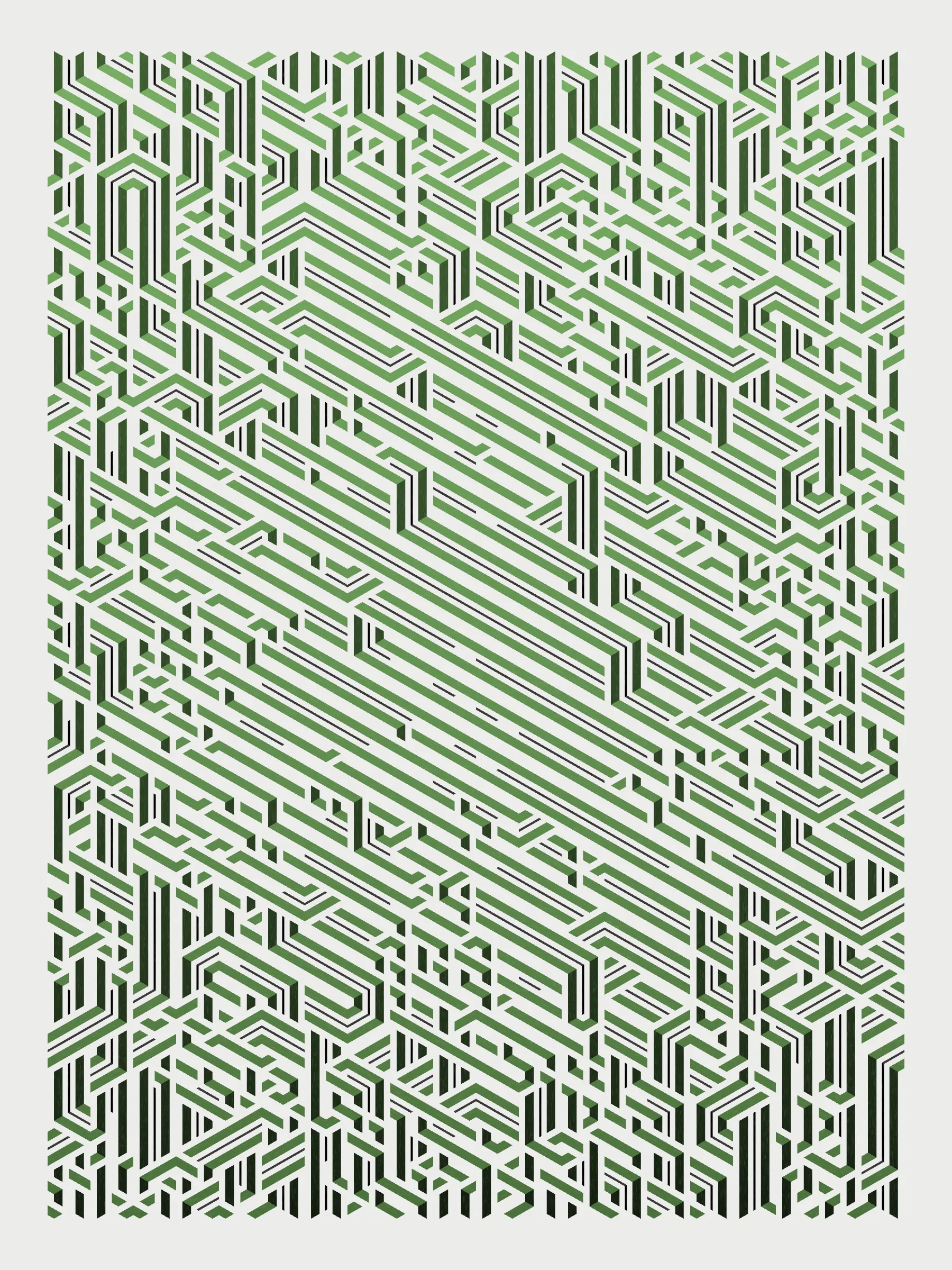 Lines are bent and shaded. There are no wrong turns. 

[Interaction in live view: press 1-7 or left/right arrow keys to see the stages of sketch construction: 1-grid, 2-divide, 3-tile, 4-bend, 5-shade, 6-color, 7-texture].