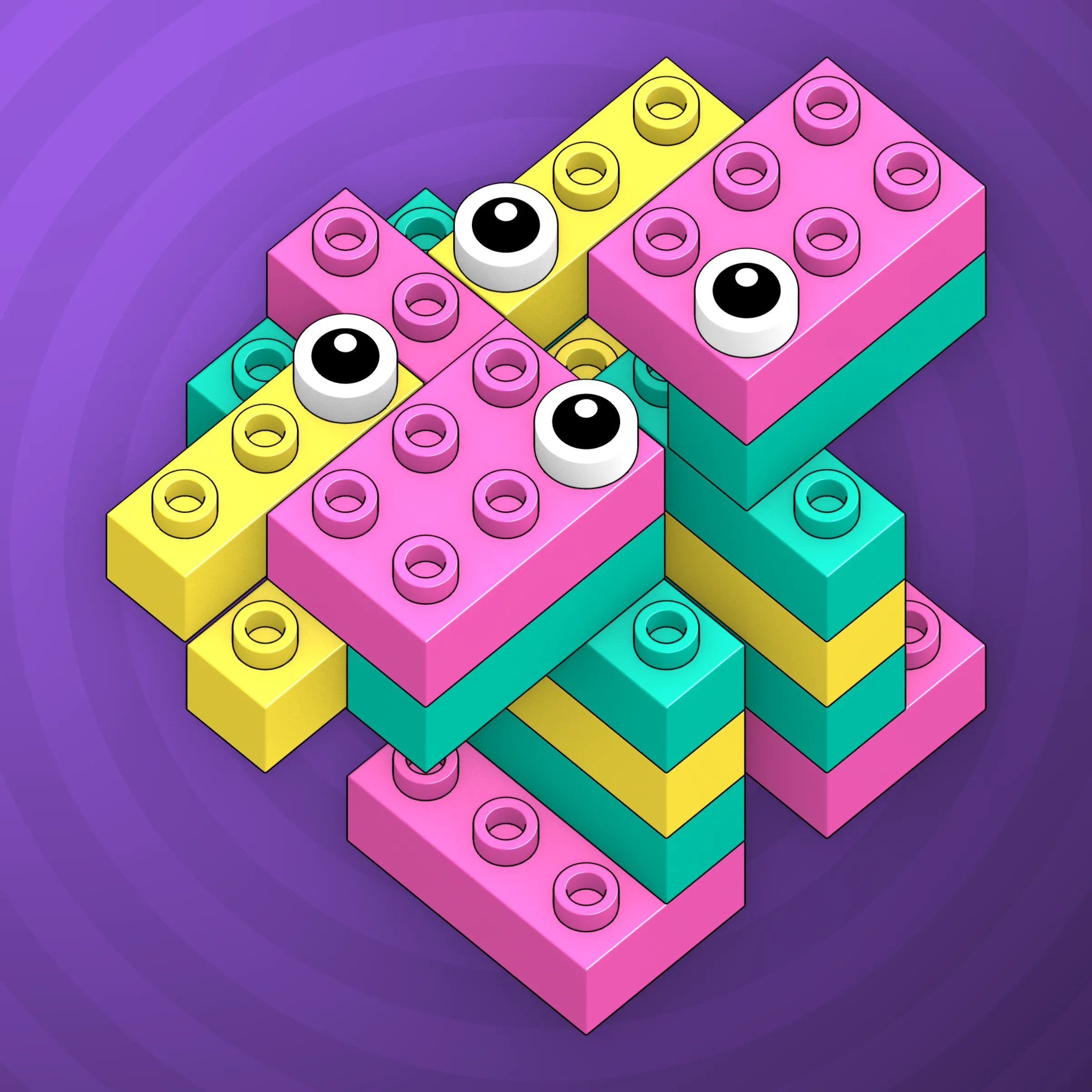 The project focuses on how easily one assigns meaning to seemingly random combinations of blocks, giving them personality and creating emotional connections.

I was inspired by Ringers, in which people see animals and other characters. I wanted to amplify this quality, and the idea of sculptures made of blocks clicked! Endless combinations, funny characters, and my passion for cubes, voxels, and modular systems.

To make the sculptures, I used technique of hybrid voxel raymarching, so we can say, the sculptures are made of colored void in a reflected space. Some of them may seem impossible due to the lack of perspective, but sooner or later it all clicks! It helps to keep in mind that all shapes are symmetrical.

The script uses modern features of GPU so it's supposed to work only on desktop: Chrome, Firefox or Safari