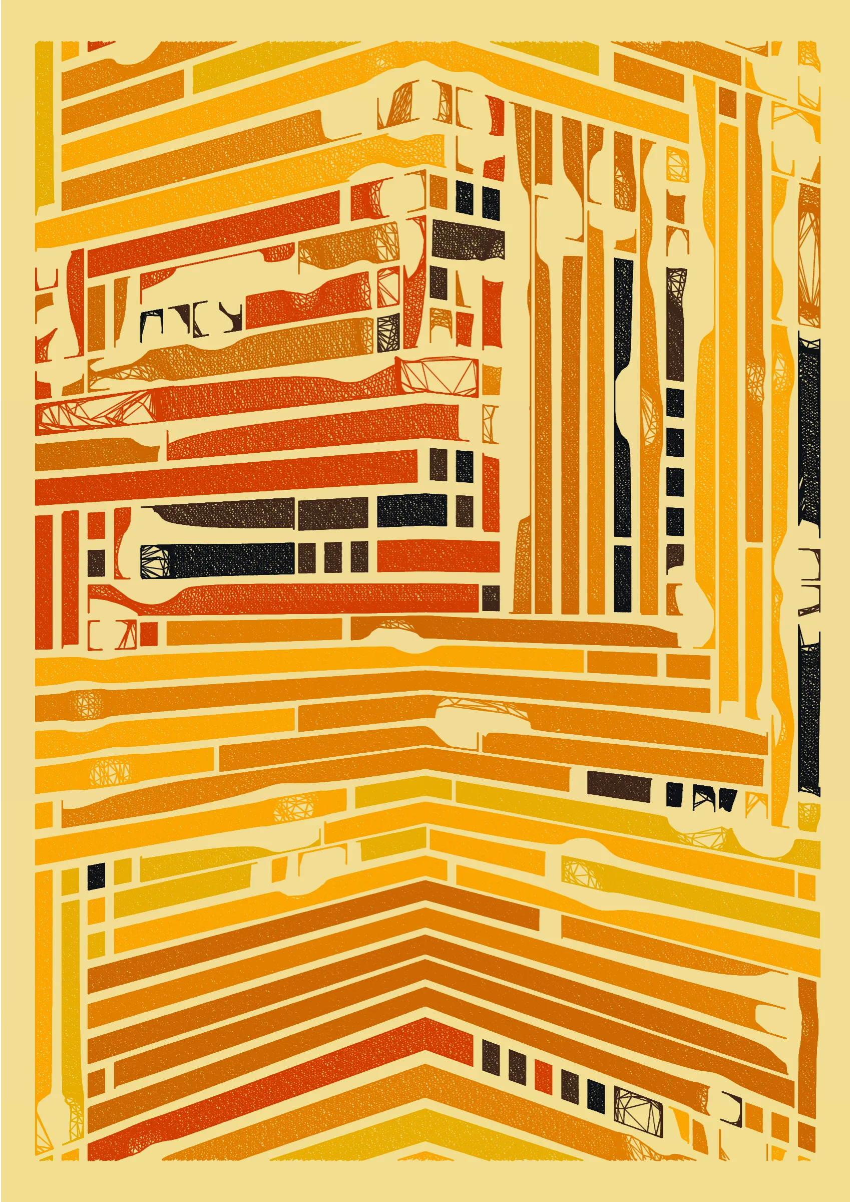 "Edifice" is a series of 976 massive, deteriorating structures built on strange terrain. It is an exploration of buildings being conceptualized, constructed, and eroded away under a wide variety of conditions. Edifice's outputs run the gamut between minimal and maximal, with some showing few large, static blocks of color, and others many small, highly textured and warped shapes. Each image is progressively constructed in front of the viewer's eyes. It is a system full of surprises that I'm excited to share with the world.