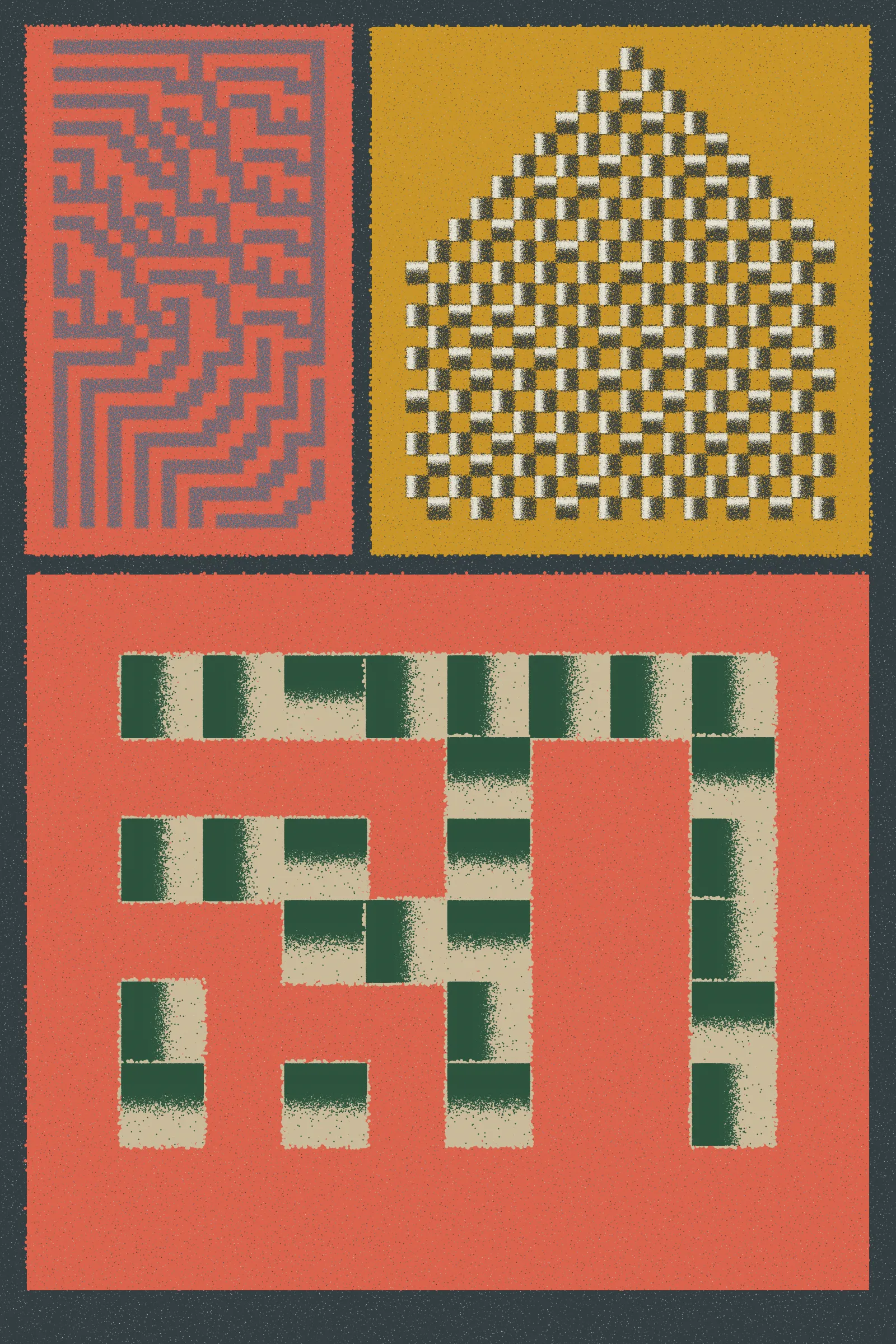 Fermented Fruit is a generative art series designed to live on the Ethereum blockchain and to be rendered in real-time by the browser. Just as food is transformed by microorganisms during the process of fermentation, the substrate of the HTML canvas is broken up into parts and transformed by cellular patterns. The project features the simulated lifeforms of cellular automata that evolve and shape-shift down an asymmetrical grid. The final artwork juxtaposes a number of textured cellular automata patterns against one another within a singular composition.
