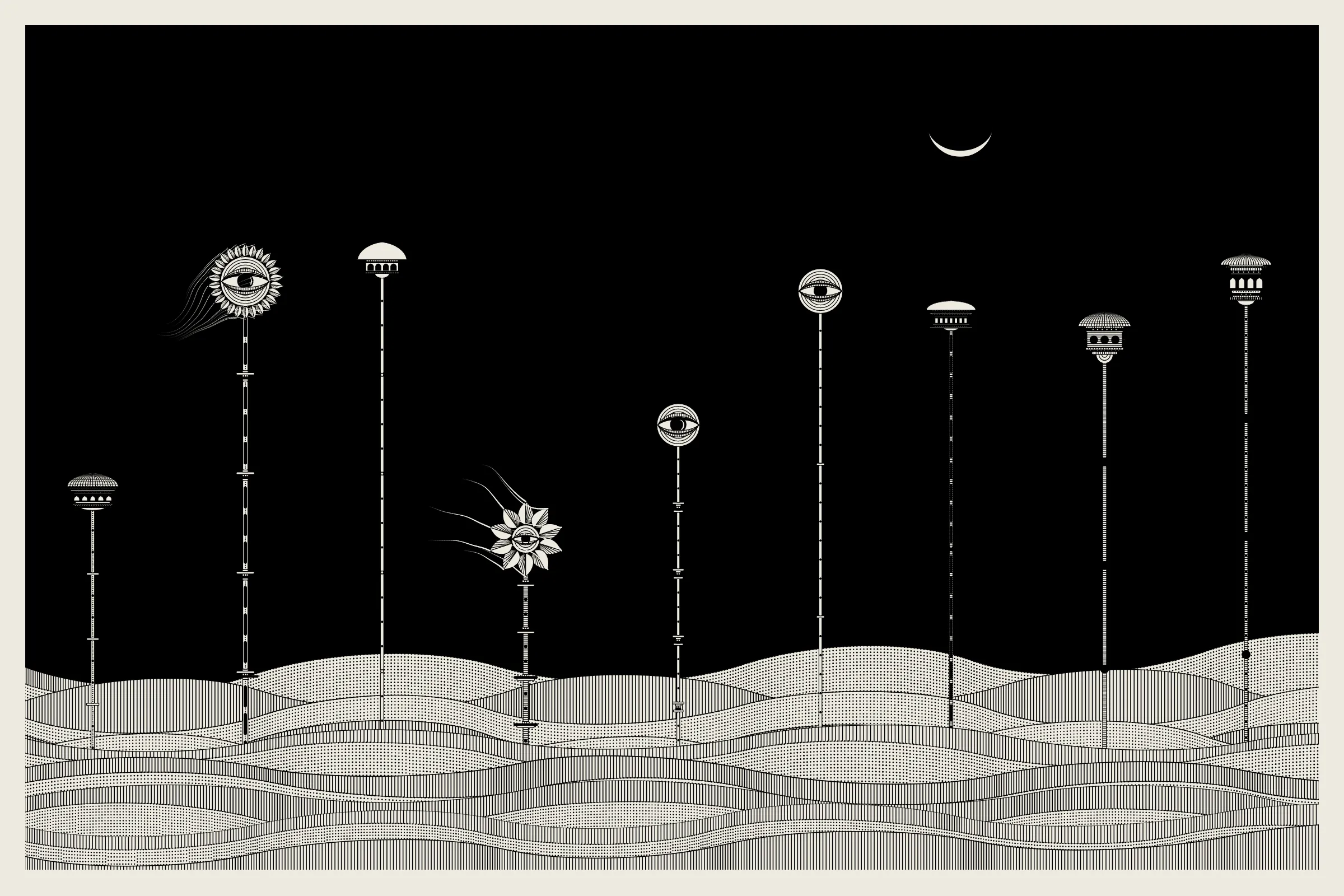 _Alan Ki Aankhen_ is an exploration of other-worldly cityscapes in the visual aesthetic of Fahad’s distinct style with pen and paper. The title, translated as _Alan’s Eyes_, alludes to Alan Turing’s machine intelligence test - a thought experiment foreshadowing a moment in which we can no longer differentiate between the real and the artificial. Though first proposed in 1950, the topic feels especially relevant today, as even our creative practices are being carried by shifting technological tides.

The algorithms and decision-making encoded into this generative art project intentionally imitate Fahad’s approach on traditional mediums - composition rules, textures, and overall themes. The visual elements are inspired by Fahad’s memories from his nomadic life. You’ll find intricate windows from Rajasthan, massive Egyptian pyramids rising from the horizon, a density of civilization only seen in New York, and the moon - a comforting and shared sight no matter where you stand.