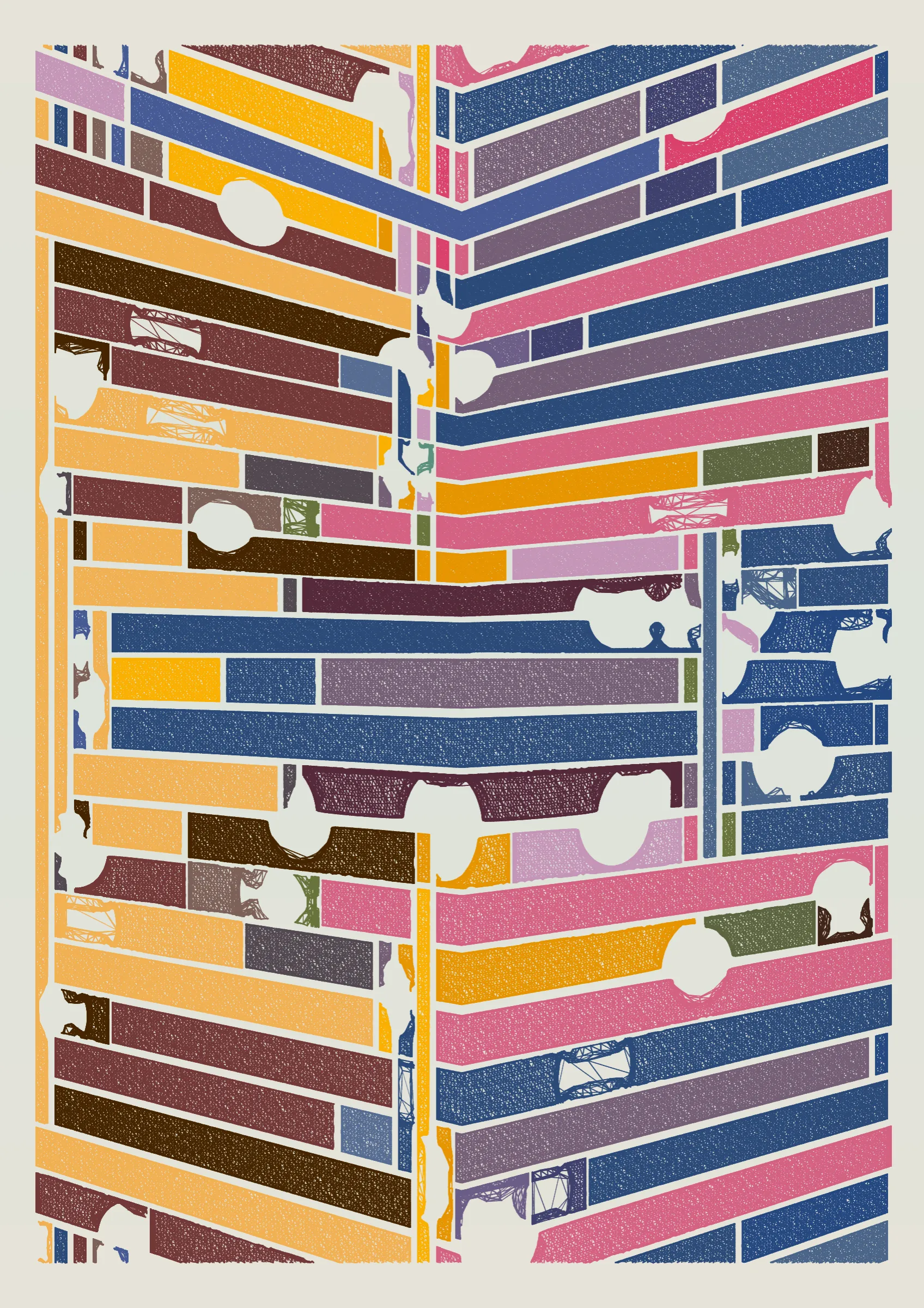 "Edifice" is a series of 976 massive, deteriorating structures built on strange terrain. It is an exploration of buildings being conceptualized, constructed, and eroded away under a wide variety of conditions. Edifice's outputs run the gamut between minimal and maximal, with some showing few large, static blocks of color, and others many small, highly textured and warped shapes. Each image is progressively constructed in front of the viewer's eyes. It is a system full of surprises that I'm excited to share with the world.