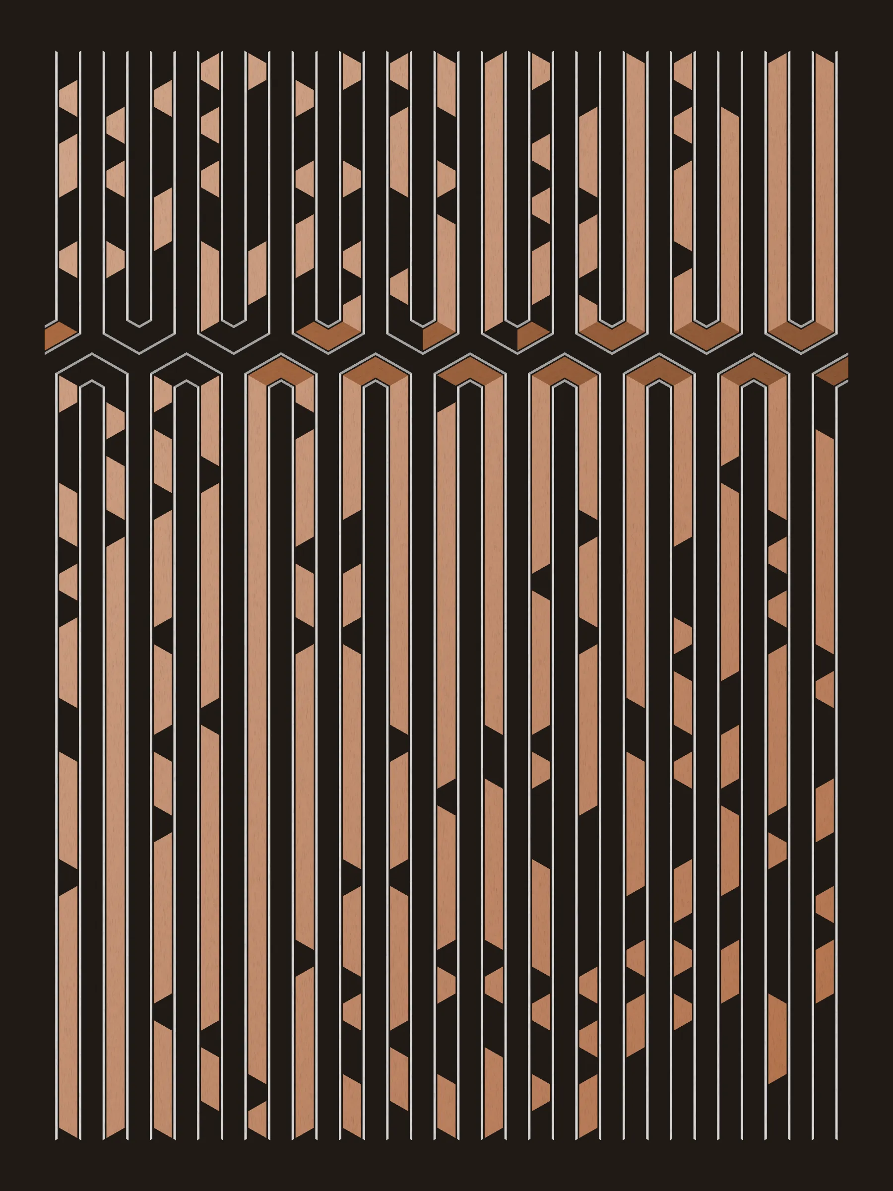 Lines are bent and shaded. There are no wrong turns. 

[Interaction in live view: press 1-7 or left/right arrow keys to see the stages of sketch construction: 1-grid, 2-divide, 3-tile, 4-bend, 5-shade, 6-color, 7-texture].