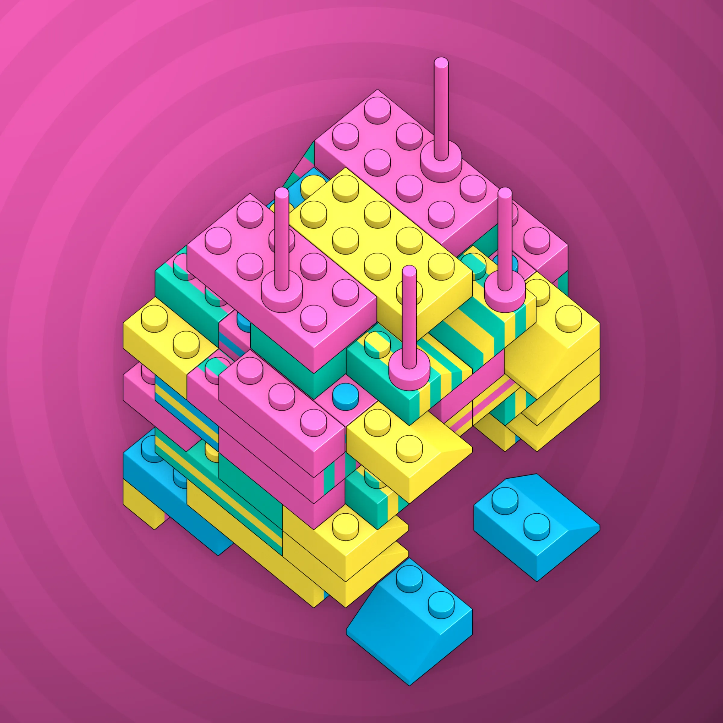 The project focuses on how easily one assigns meaning to seemingly random combinations of blocks, giving them personality and creating emotional connections.

I was inspired by Ringers, in which people see animals and other characters. I wanted to amplify this quality, and the idea of sculptures made of blocks clicked! Endless combinations, funny characters, and my passion for cubes, voxels, and modular systems.

To make the sculptures, I used technique of hybrid voxel raymarching, so we can say, the sculptures are made of colored void in a reflected space. Some of them may seem impossible due to the lack of perspective, but sooner or later it all clicks! It helps to keep in mind that all shapes are symmetrical.

The script uses modern features of GPU so it's supposed to work only on desktop: Chrome, Firefox or Safari