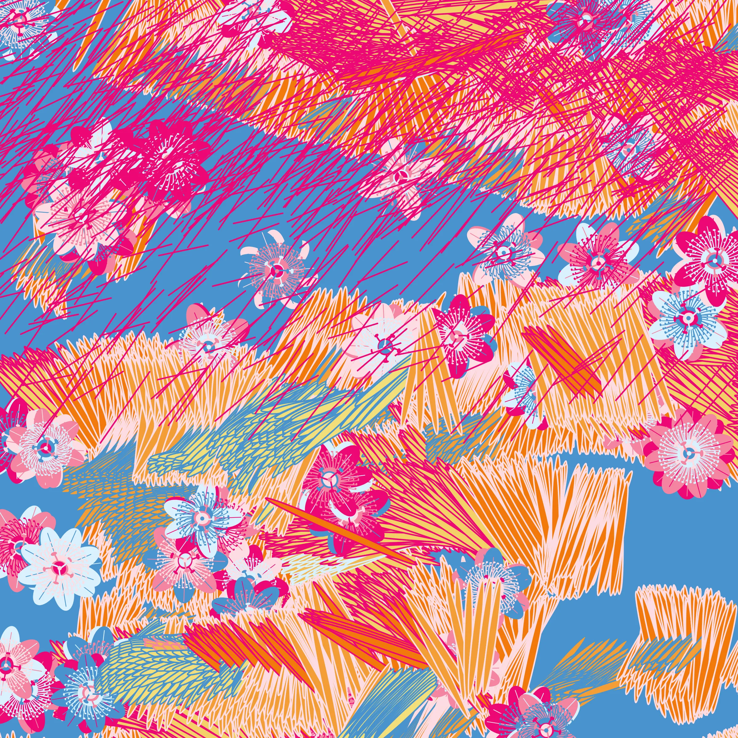 “Fragments of an infinite field” is a compositional system in which an idealized plant species is generated and arranged in a potentially infinite field of foliage. The main environmental parameter of the composition is the determination of a season of the year. The season determines the landscape’s colors and defines specific phenomena for each of them, such as rain in summer, snow in winter, petals falling in autumn, and pollen in spring. The flower has several possible variables, which can be macro aspects, affecting the entire population of the species, or micro, affecting each individual of the species differently. For example, the number of petals can be equal in all individuals or not. The number of filaments and other structures of the flower can undergo minor deviations, generating small mutations. The confusion between the figure (plant) and the background (earth, sky, other natural elements) is fascinating from a compositional point of view. The background colors are, most of the time, colors present in the figures, often breaking the boundary between them and, therefore, generating chromatic masses. In this project I also intend to research the following question: How to create parameters that resemble a living organism's growth? In this sense, the project approaches digital morphogenesis and the development of procedural organisms.