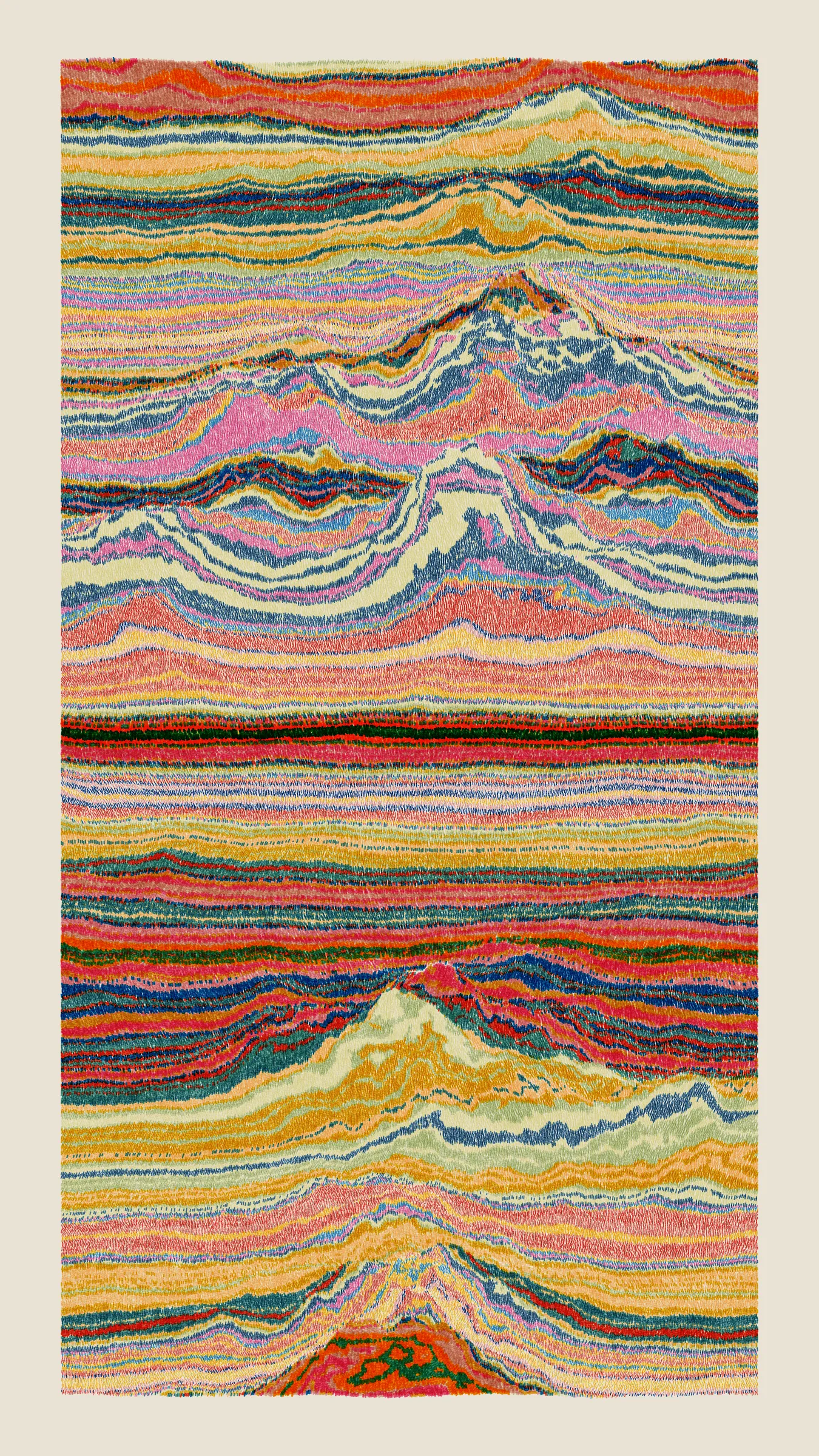 Stratified landforms constructed from many small strokes of colour. The hash of each token describes a coordinate within a multidimensional generative space, locating a unique composition that lies along one of many possible longitudes.