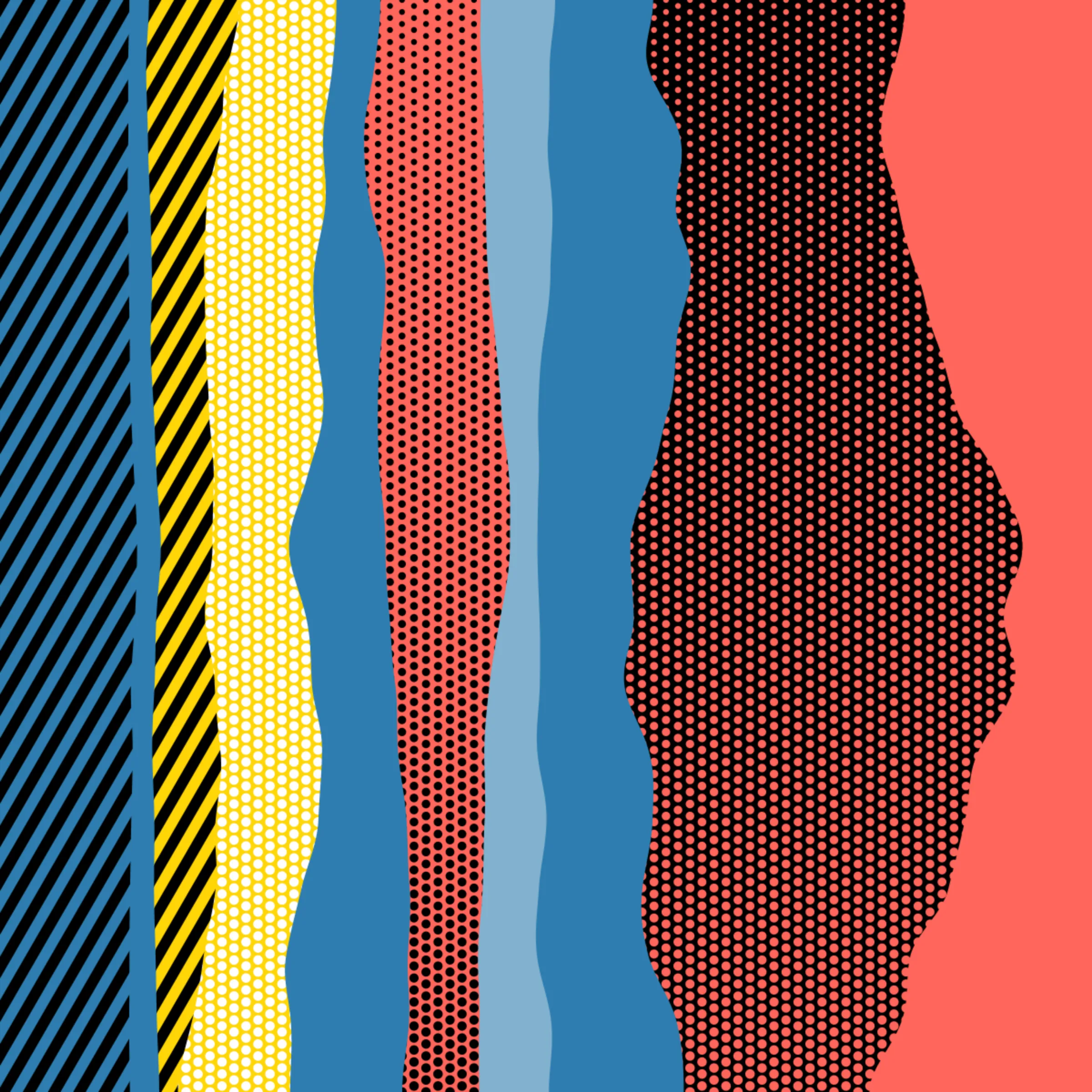 An ode to Roy Lichtenstein, incorporating his iconic version of Ben-Day dots, halftone dots, angled stripes, and solid color patches. Inspired by Roy's sea and landscape paintings, each artwork generates a unique combination of patterns, shapes, and colors.