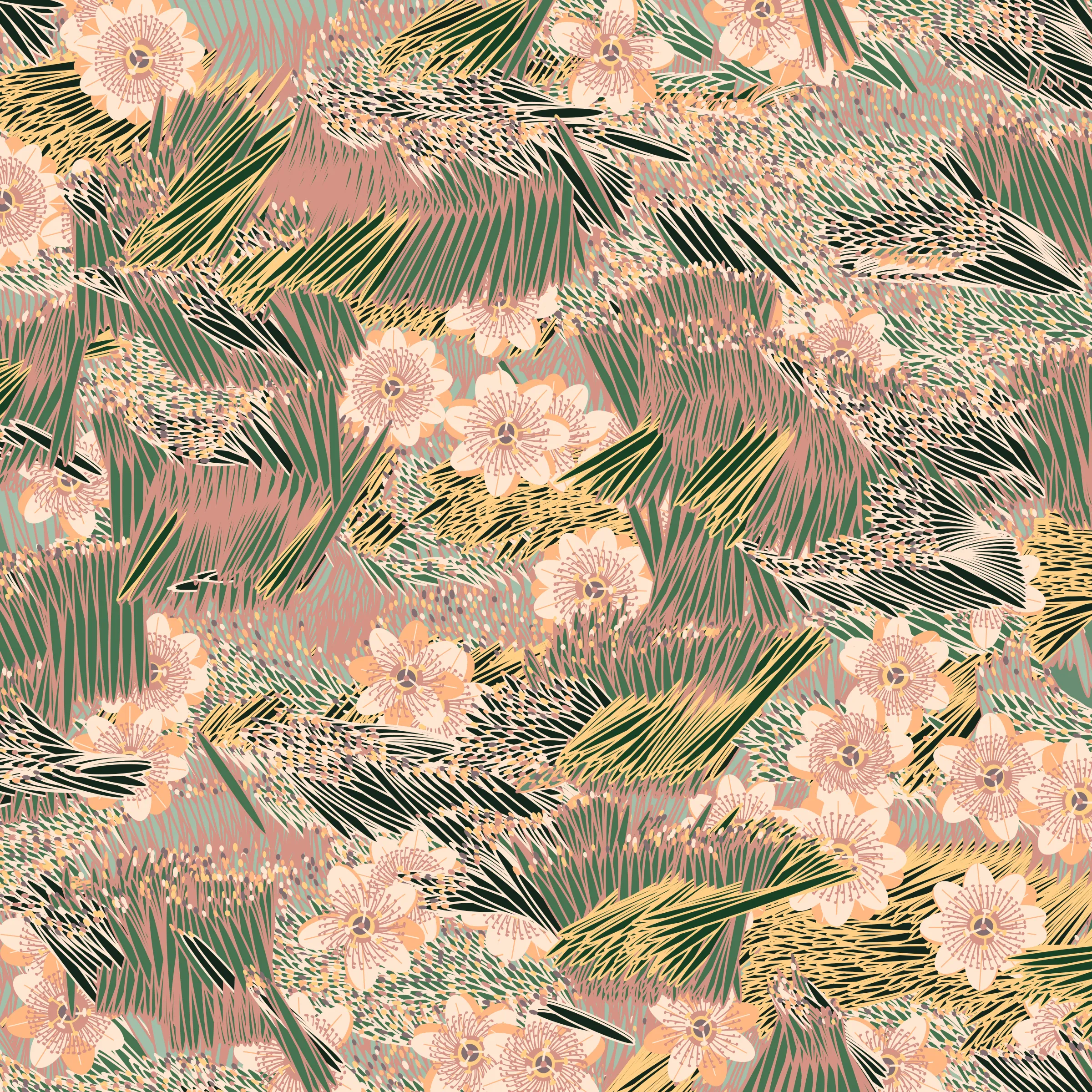 “Fragments of an infinite field” is a compositional system in which an idealized plant species is generated and arranged in a potentially infinite field of foliage. The main environmental parameter of the composition is the determination of a season of the year. The season determines the landscape’s colors and defines specific phenomena for each of them, such as rain in summer, snow in winter, petals falling in autumn, and pollen in spring. The flower has several possible variables, which can be macro aspects, affecting the entire population of the species, or micro, affecting each individual of the species differently. For example, the number of petals can be equal in all individuals or not. The number of filaments and other structures of the flower can undergo minor deviations, generating small mutations. The confusion between the figure (plant) and the background (earth, sky, other natural elements) is fascinating from a compositional point of view. The background colors are, most of the time, colors present in the figures, often breaking the boundary between them and, therefore, generating chromatic masses. In this project I also intend to research the following question: How to create parameters that resemble a living organism's growth? In this sense, the project approaches digital morphogenesis and the development of procedural organisms.