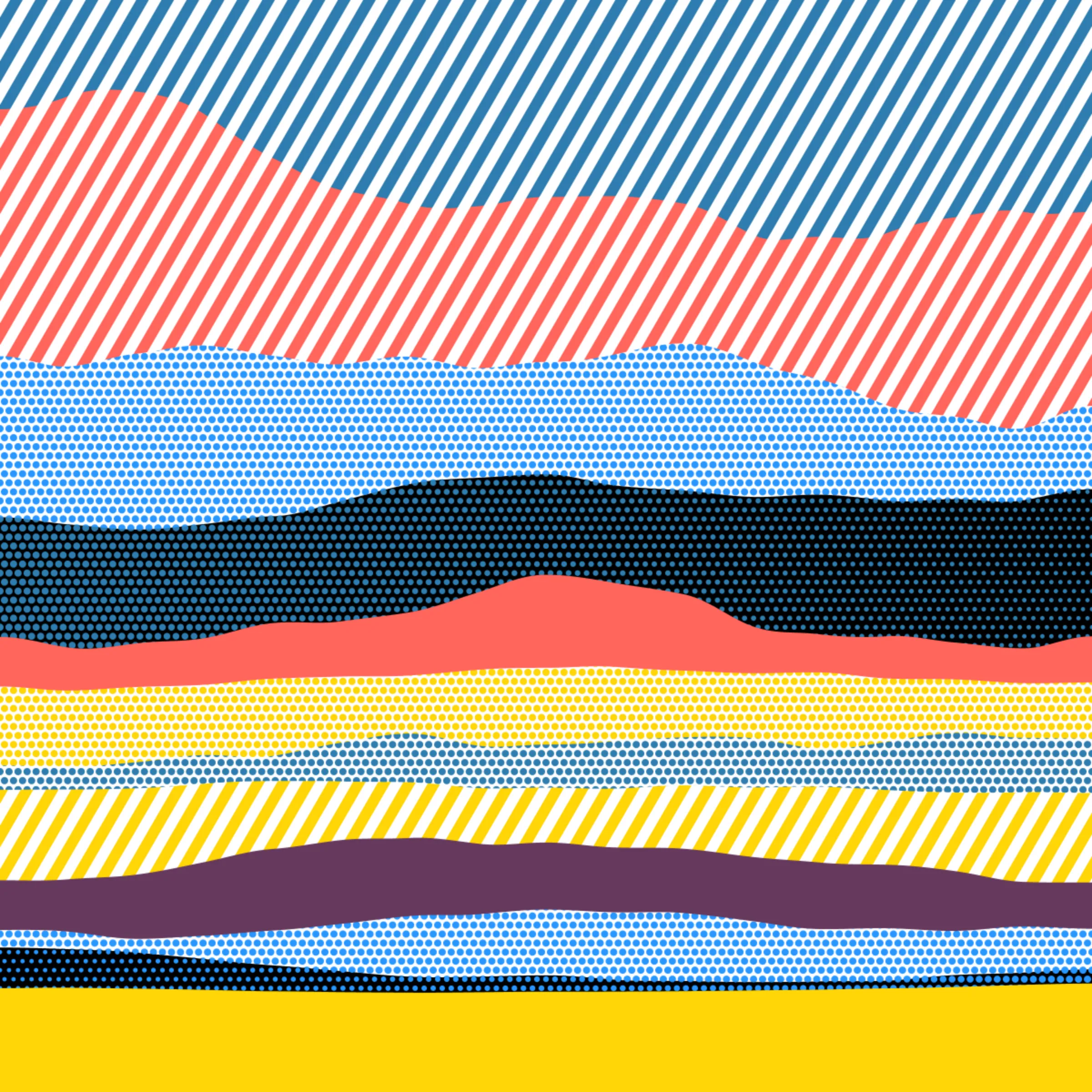 An ode to Roy Lichtenstein, incorporating his iconic version of Ben-Day dots, halftone dots, angled stripes, and solid color patches. Inspired by Roy's sea and landscape paintings, each artwork generates a unique combination of patterns, shapes, and colors.