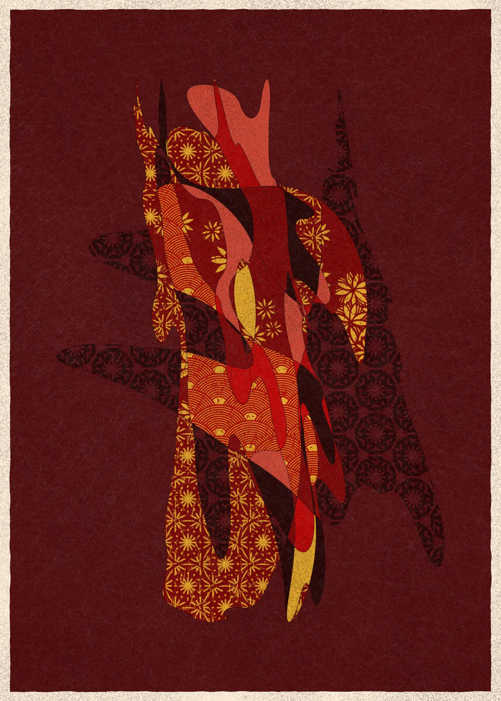 Memories of Qilin is inspired by traditional East Asian art. It channels the sense of movement and fluidity found in classical Chinese brushwork, while drawing from the colors, patterns, and forms of ukiyo-e woodblock prints. 

The series explores elements of folklore, evoking the mythological imagery of dragons, phoenixes, flowers, and mountains.  The title references a fabled chimerical beast found throughout East Asian mythology (while the qilin is its Chinese name, it is also known in Korea as the girin and Japan as the kirin) that represents prosperity and luck.

Viewers are invited to interpret elusive forms that verge on representation. As with the stories passed on through generations, each piece is imagined, organic, and ever-in-flux.