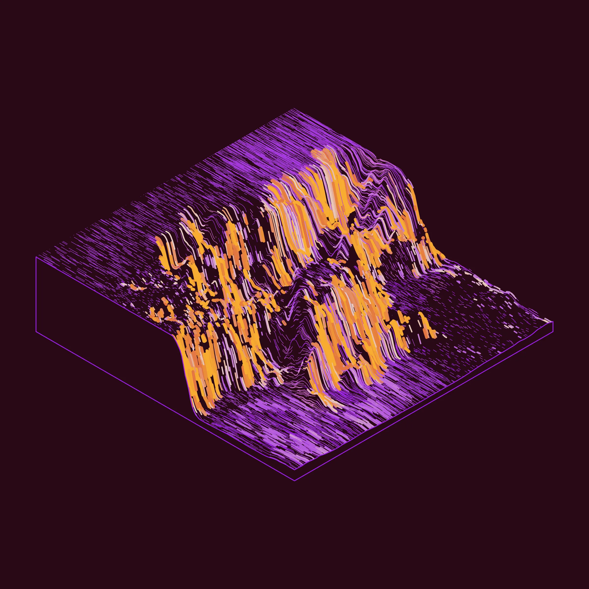 A generative algorithm that draws the impression of a landscape from a multitude of possibilities. The unique seed from each token drives the parametric assortment of lines, colors, and forms into a constructed composition.